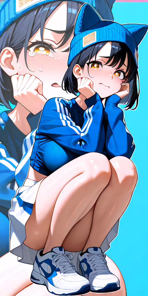 Una ilustración de cuerpo entero de una chica de anime llorando, con el pelo corto... Alcatel 1C 2019