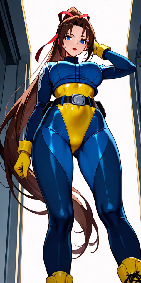 Una toma desde un ángulo bajo de Jean Grey, de los X-Men, con su clásico traje de...