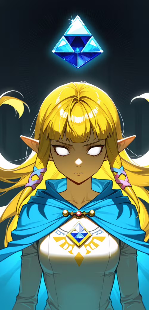 Una ilustración al estilo anime de la princesa Zelda, con unos ojos azules brillantes,...