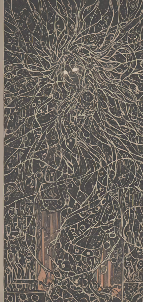 Una pintura abstracta con un fondo oscuro cubierto por una densa y compleja red de... Nokia 5 dot 1 Plus