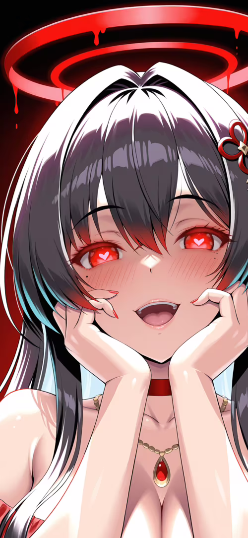 Una chica de anime con el pelo largo y negro y un halo rojo, identificada como Shiromi...