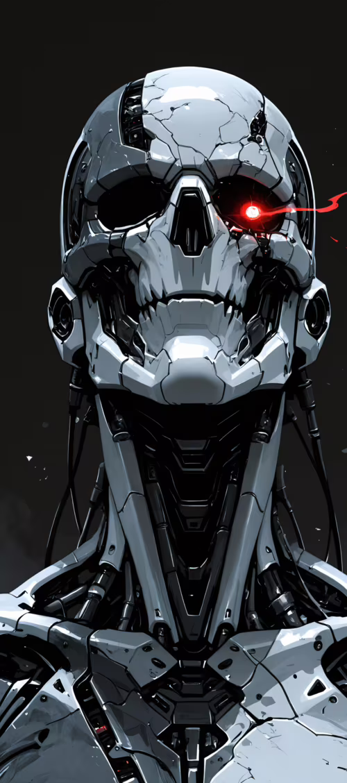 Retrato de frente de un esqueleto robótico blanco, con ojos rojos brillantes y un... Tecno Camon 30 Pro