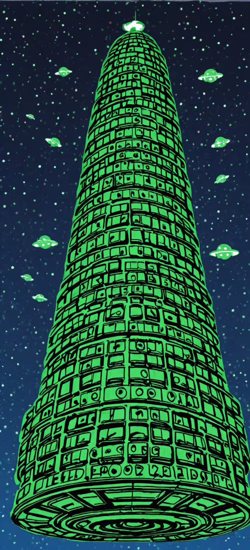 Un gran platillo volante verde, de estilo caricaturesco, con luces amarillas brillantes... Vivo X60 Pro