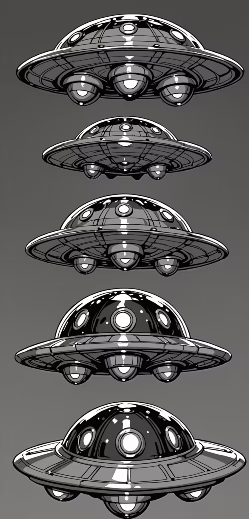 Un gran platillo volante verde, de estilo caricaturesco, con luces amarillas brillantes...