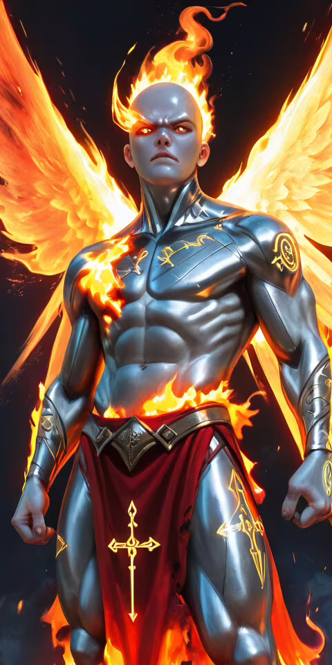 Una pintura digital que representa a un ángel poderoso, calvo y de piel plateada,...