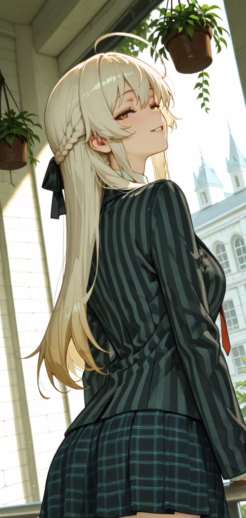 Una chica de anime, Shokuhou Misaki, con el pelo largo y rubio y un lazo negro, sonríe... Blackview A30