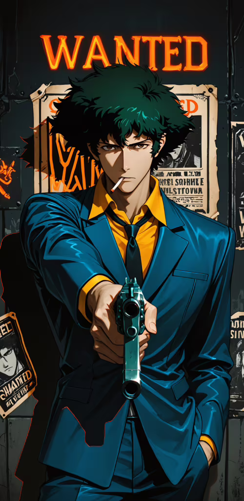 Ilustración al estilo anime de Spike Spiegel, de la serie Cowboy Bebop, apuntando... Samsung Galaxy A6