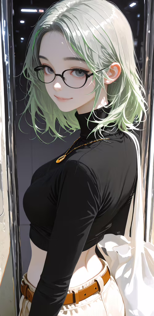 Una ilustración de estilo anime que representa a una joven con el pelo corto y plateado...