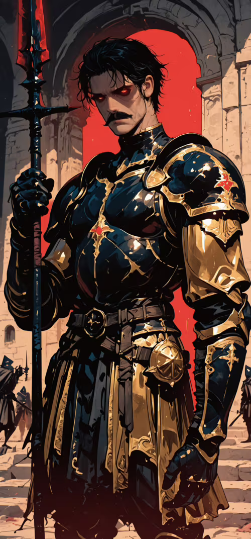 Un guerrero musculoso, de cabello oscuro, con bigote y ojos rojos brillantes, vestido... Huawei P30 Lite