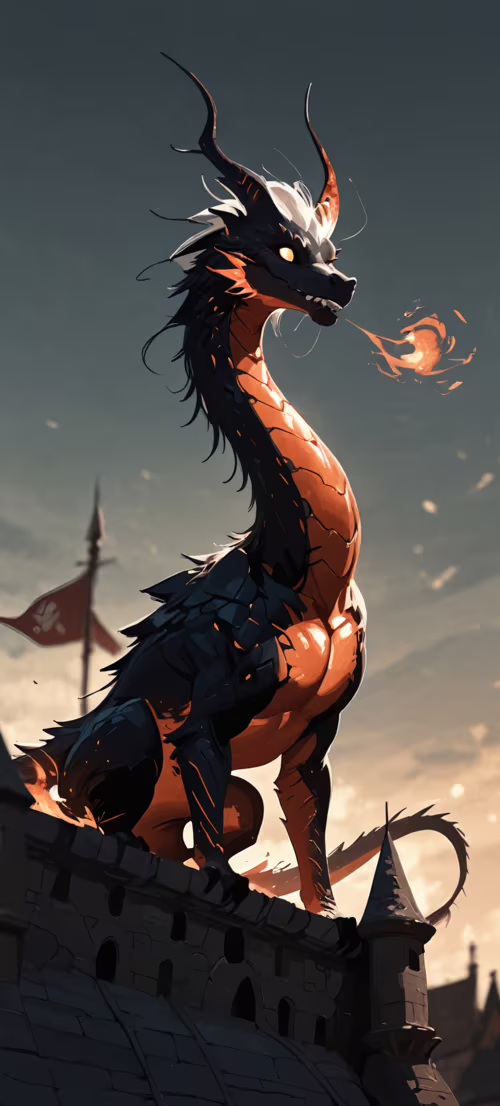 Un enorme dragón serpentino, resplandeciente de fuego y llamas, se posa con majestuosidad... Honor X9