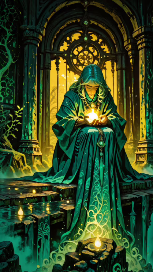 Una ilustración digital de cuerpo entero que representa a un sabio anciano, de cabello...