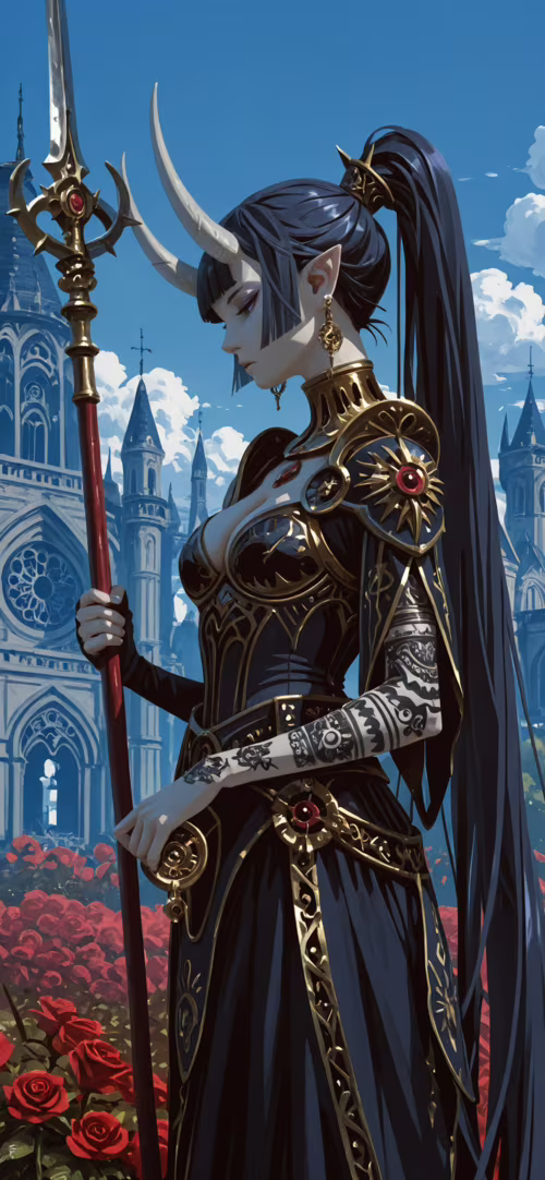 Una ilustración de una mujer con cuernos blancos y orejas de elfo, que lleva una... Apple iPhone 11 Pro Max