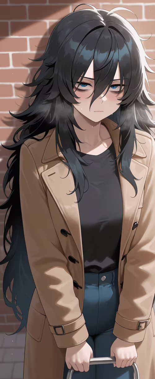 Una chica de estilo anime, con el pelo largo y negro despeinado y unos ojos azules... Samsung Galaxy Z Flip