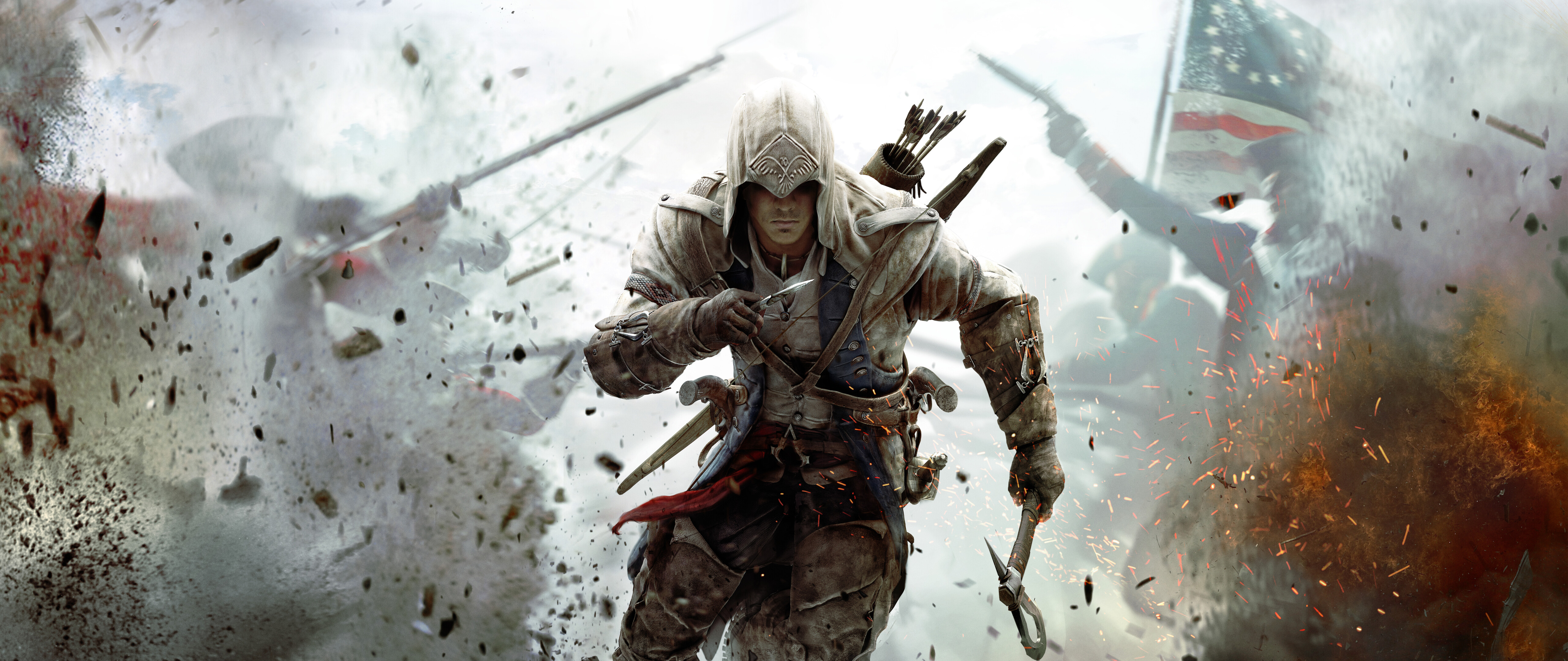 Connor Kenway, de Assassin's Creed III, vestido con su característico atuendo de asesino y capucha.