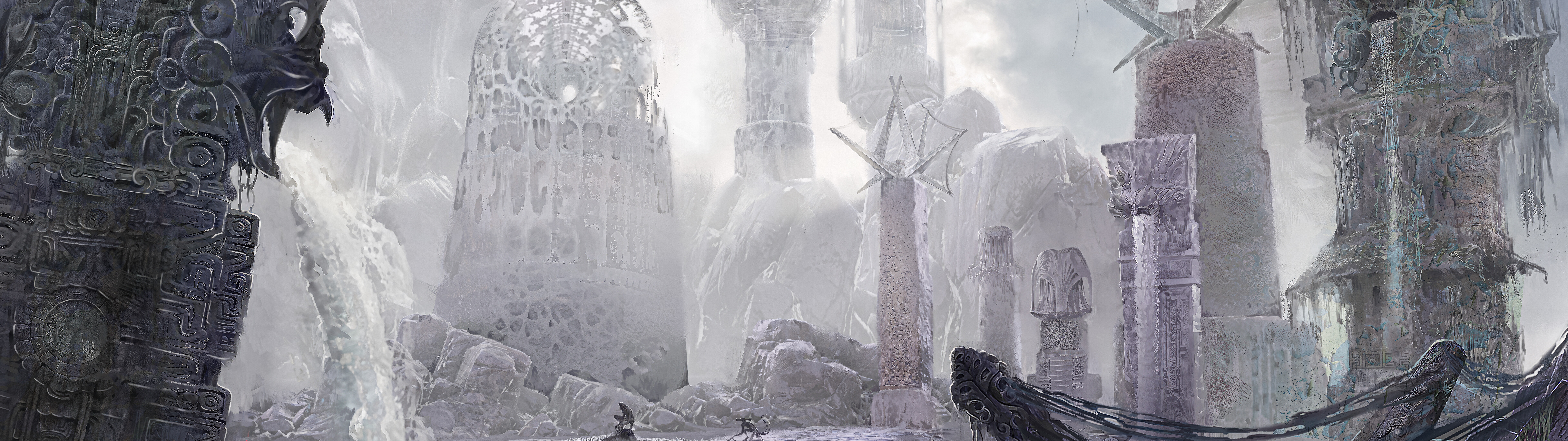 Un detective de pie en medio de unas ruinas antiguas y decadentes, bajo un cielo amenazante, una escena inspirada en la atmósfera de «Sherlock Holmes: The Awaken».