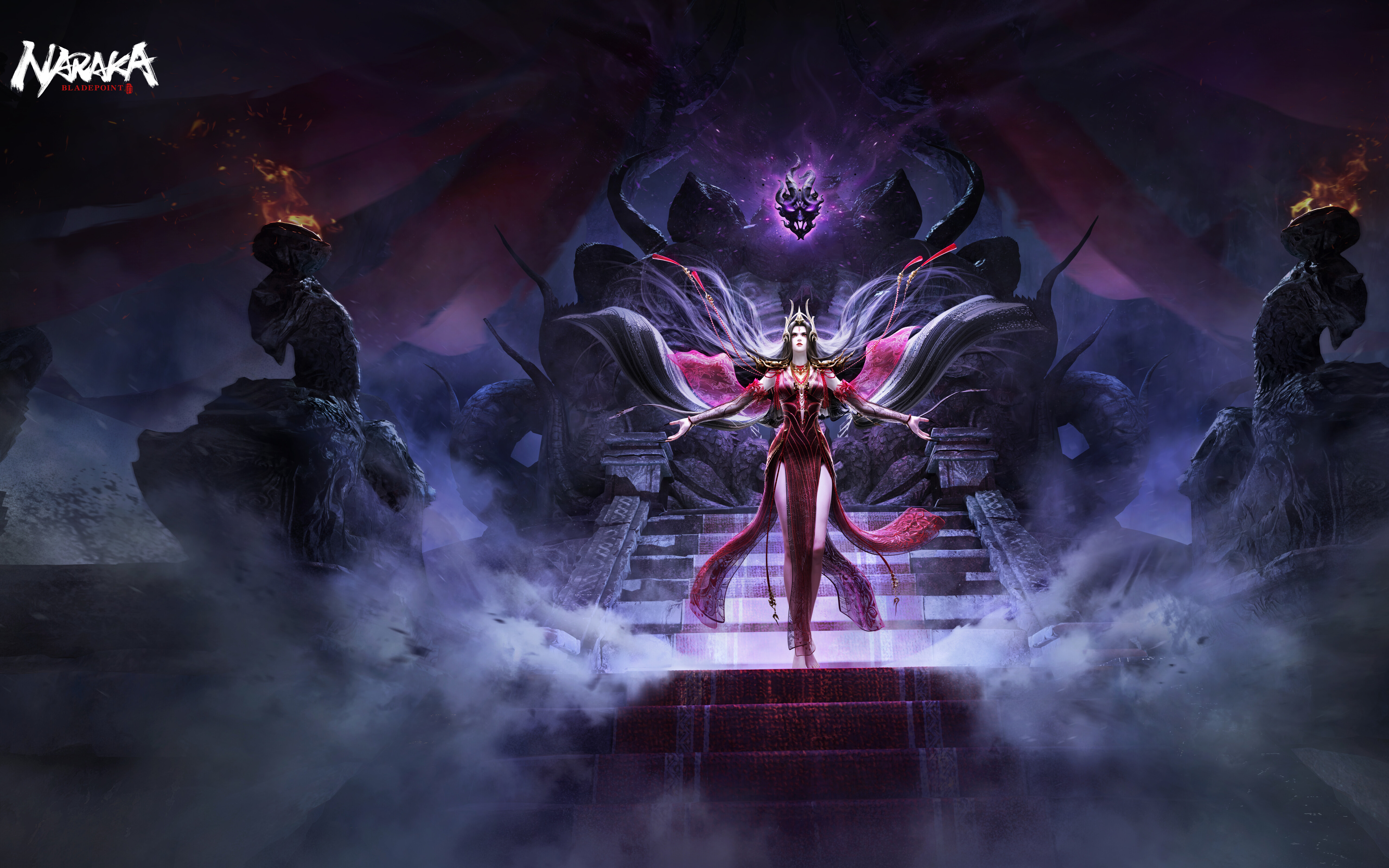 Un enigmático personaje de bruja inspirado en el videojuego Naraka: Bladepoint, con una estética de fantasía oscura y una energía mística.