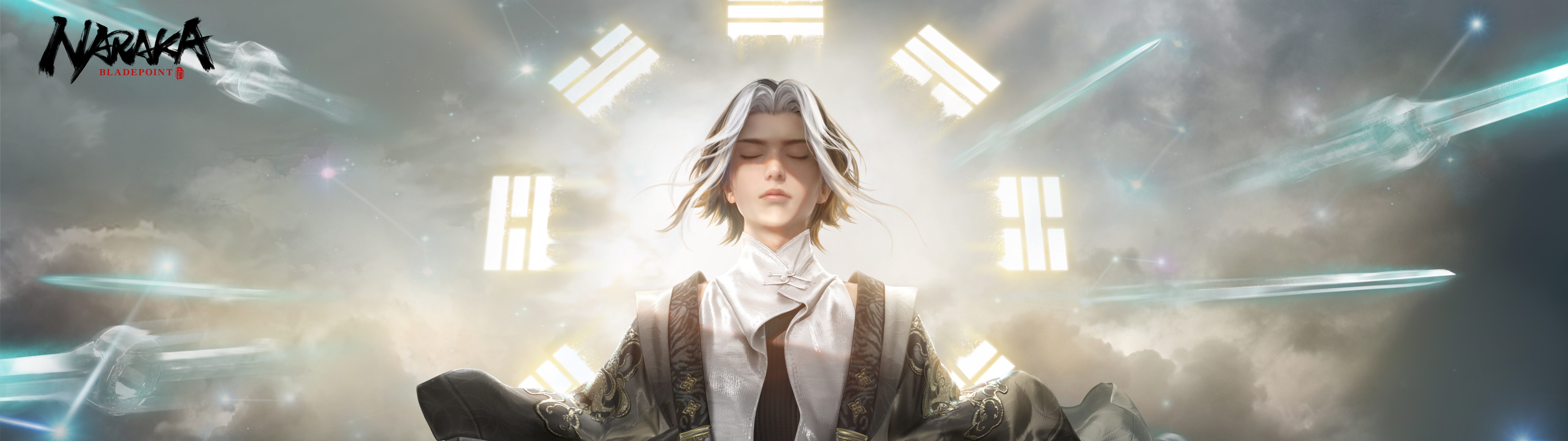 Un personaje mago del juego Naraka: Bladepoint que está realizando un hechizo mágico con efectos de energía luminosa.