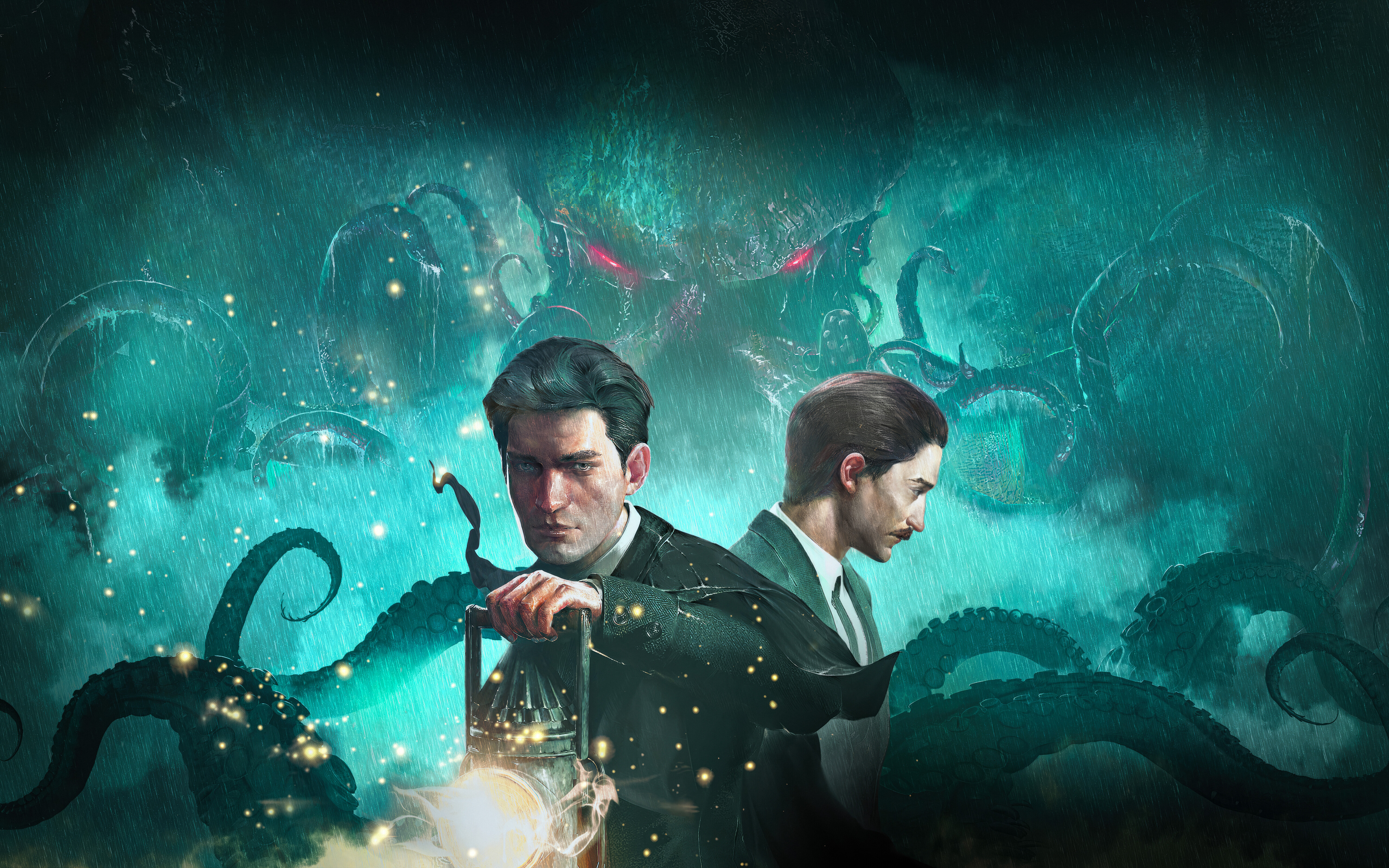 Una monstruosa criatura con tentáculos de color oscuro y aspecto amenazante, que acecha bajo la lluvia torrencial, y que evoca los elementos de horror cósmico de «Sherlock Holmes: El Despertar».