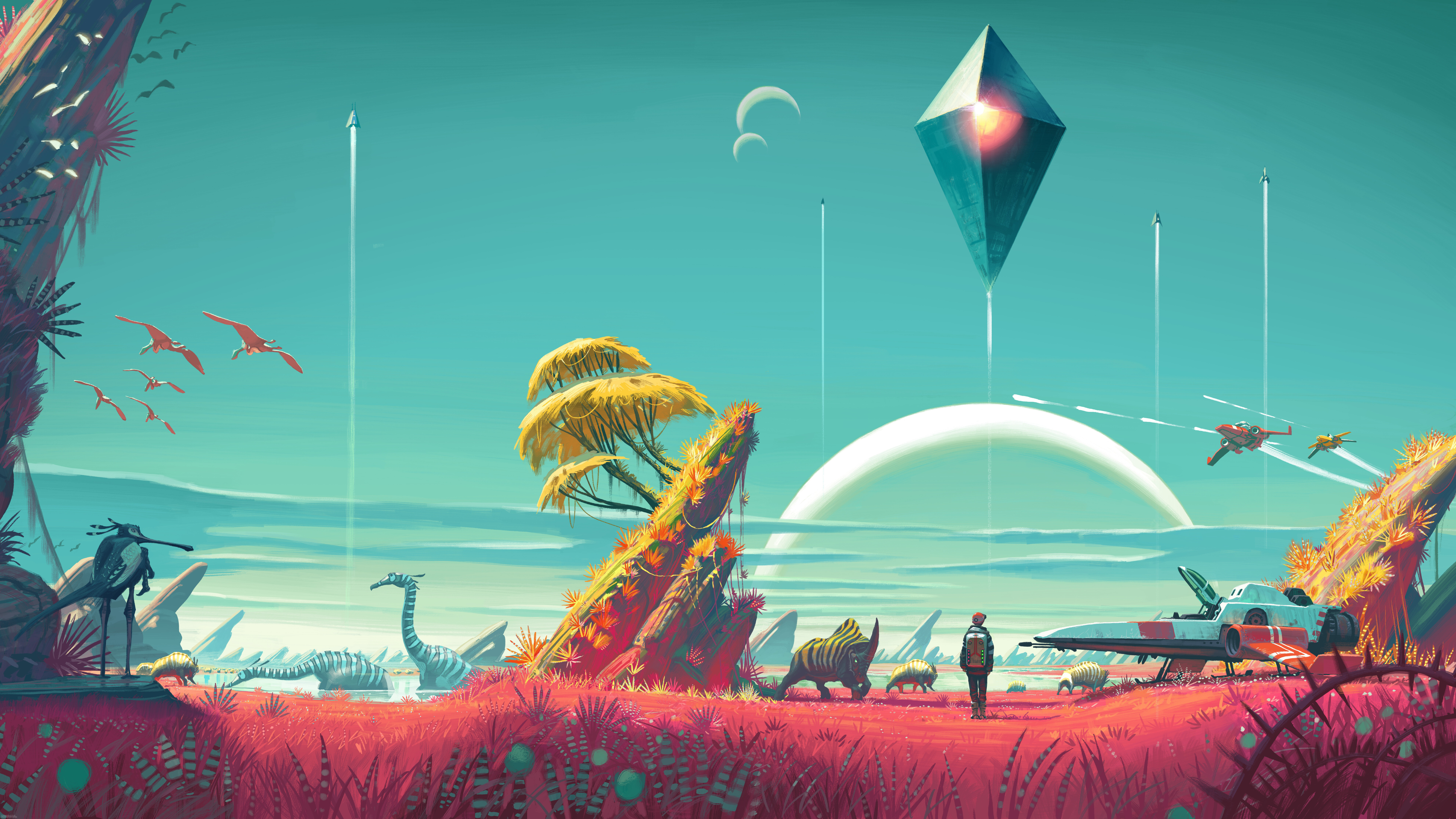 Un personaje de ciencia ficción, conocido como un Explorador de No Man’s Sky, que explora un colorido y exótico paisaje planetario alienígena con una vegetación inusual.