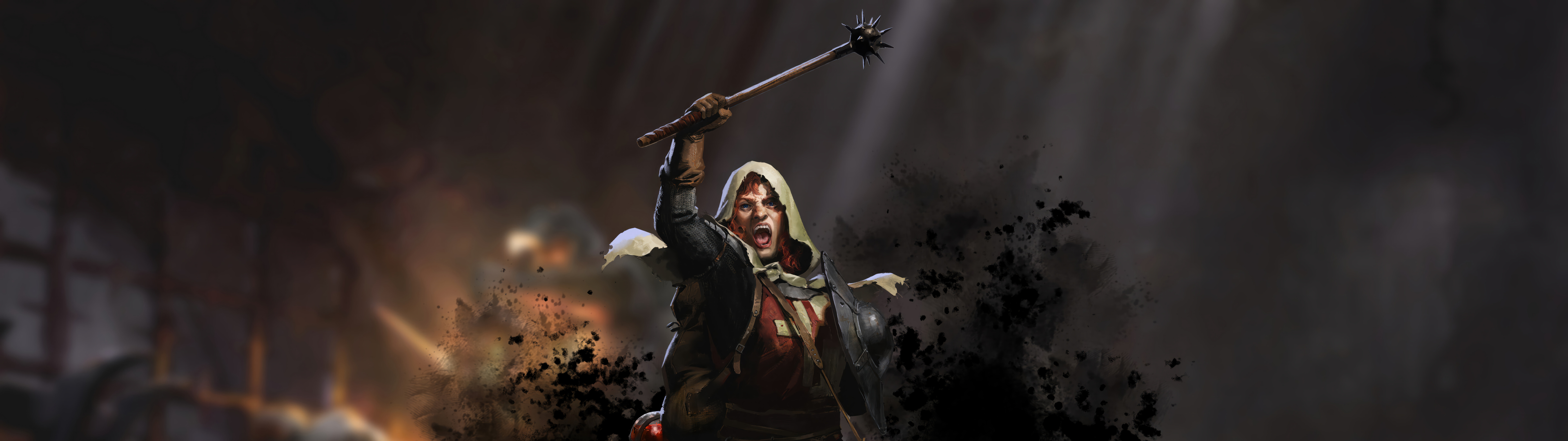 Un personaje de fantasía oscura, ataviado con una pesada armadura medieval, se encuentra de pie en un pasillo de piedra tenuemente iluminado, dentro de una mazmorra, inspirado en el juego Dark and Darker.