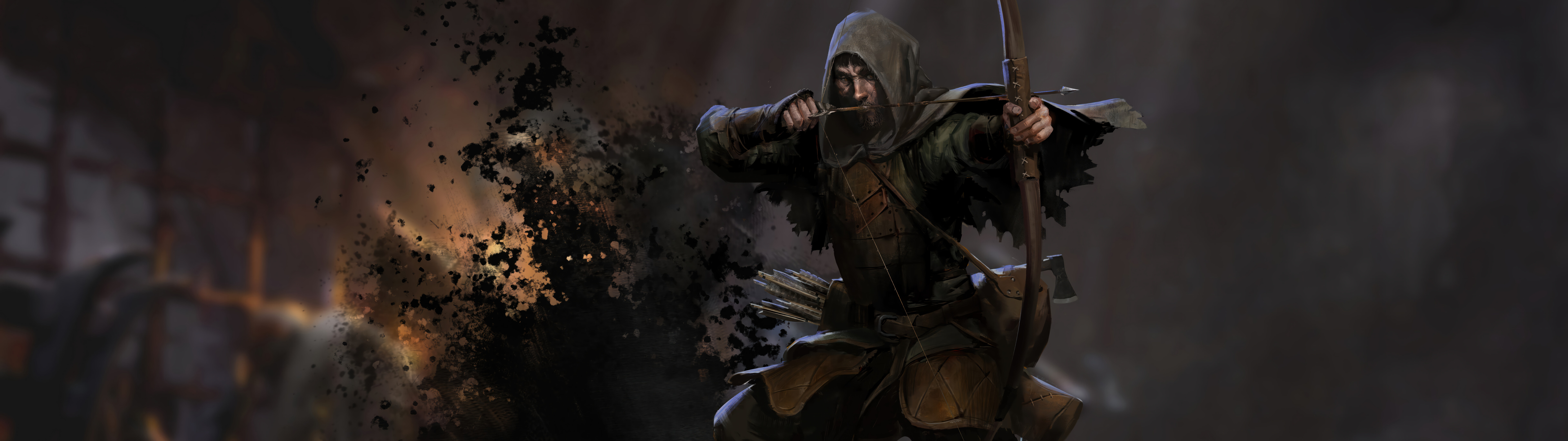 Un guerrero de fantasía oscura que explora un corredor de mazmorra de piedra, tenuemente iluminado, inspirado en el videojuego Dark and Darker.