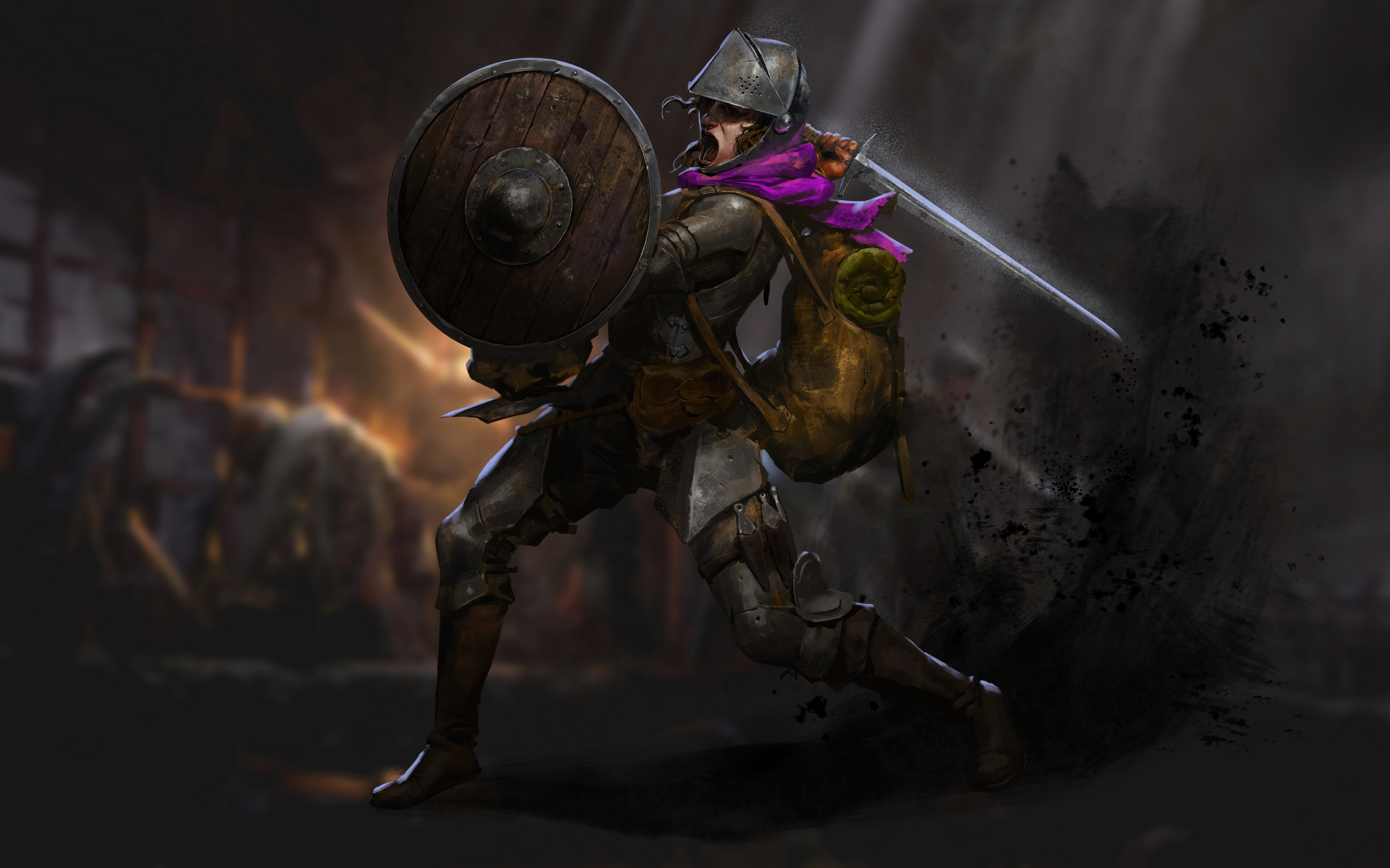 Un aventurero de fantasía, fuertemente blindado, que sostiene una linterna en un oscuro corredor de piedra de una mazmorra, inspirado en el juego Dark and Darker.