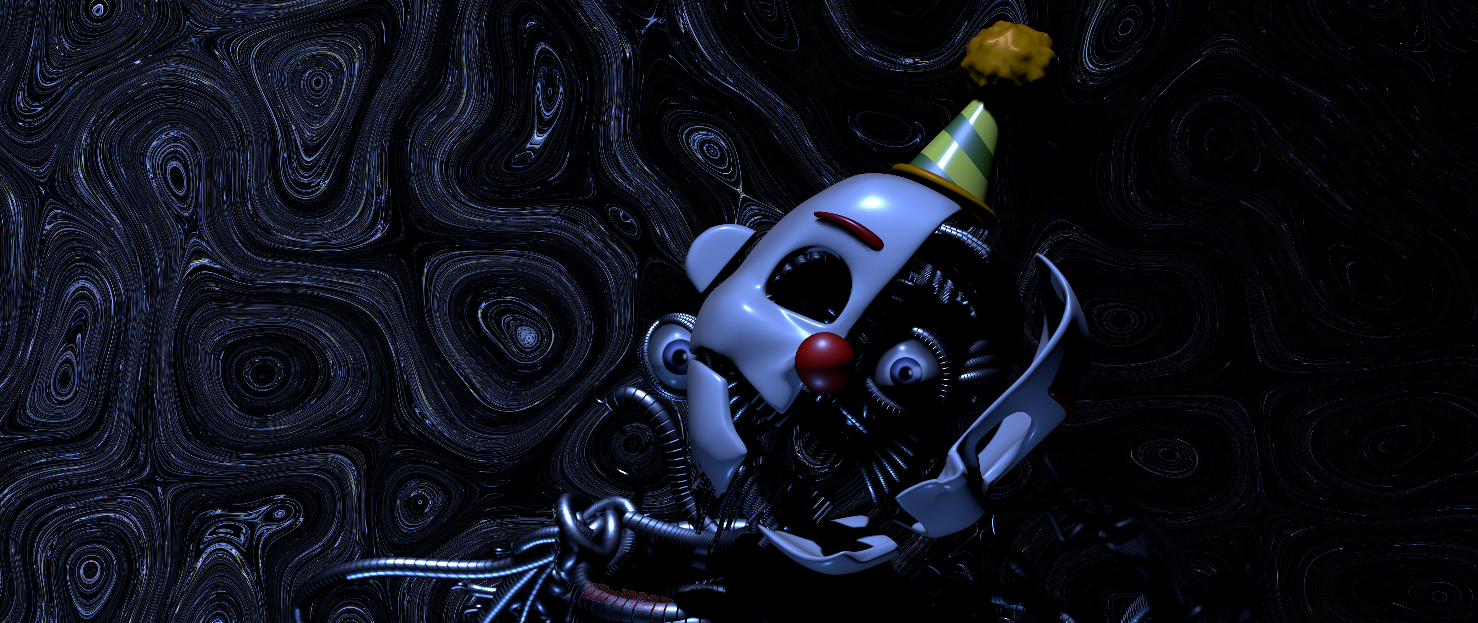 Un primer plano del personaje animatrónico Ennard, de Five Nights at Freddy's: Sister Location, que muestra intrincados cables y ojos brillantes.