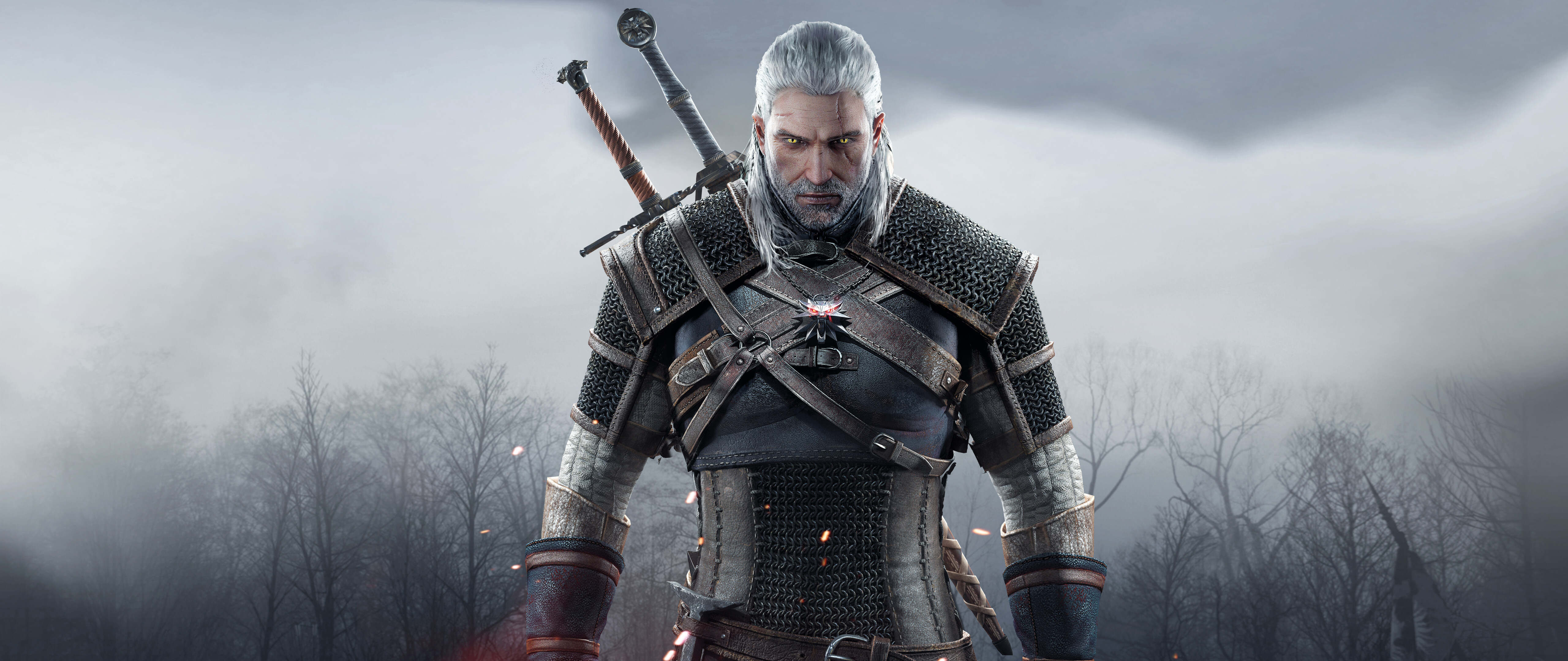 Primer plano de un retrato de Geralt de Rivia, de The Witcher 3: Wild Hunt.