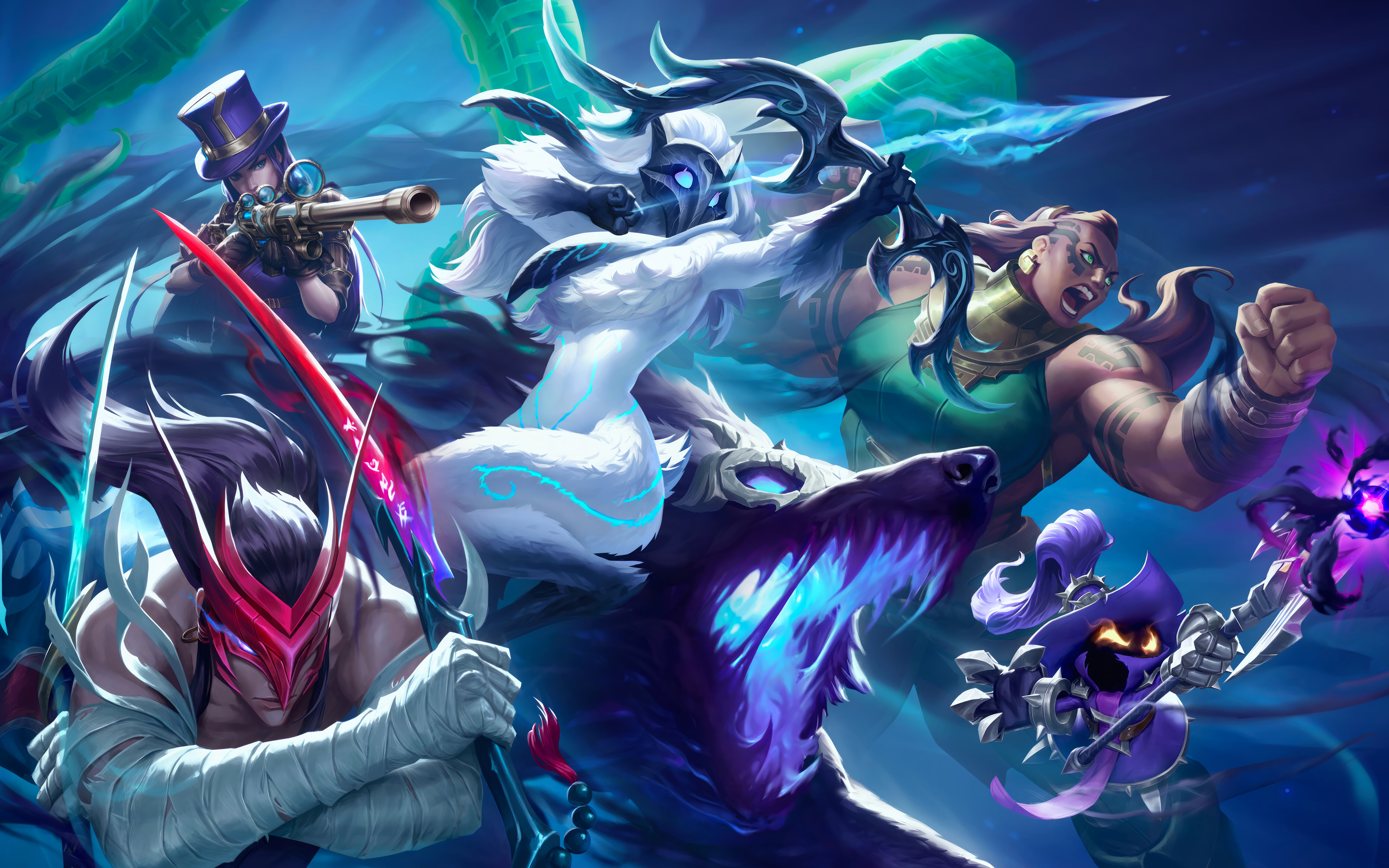 Una composición impresionante de los personajes de League of Legends: Yone, Kindred e Illaoi.