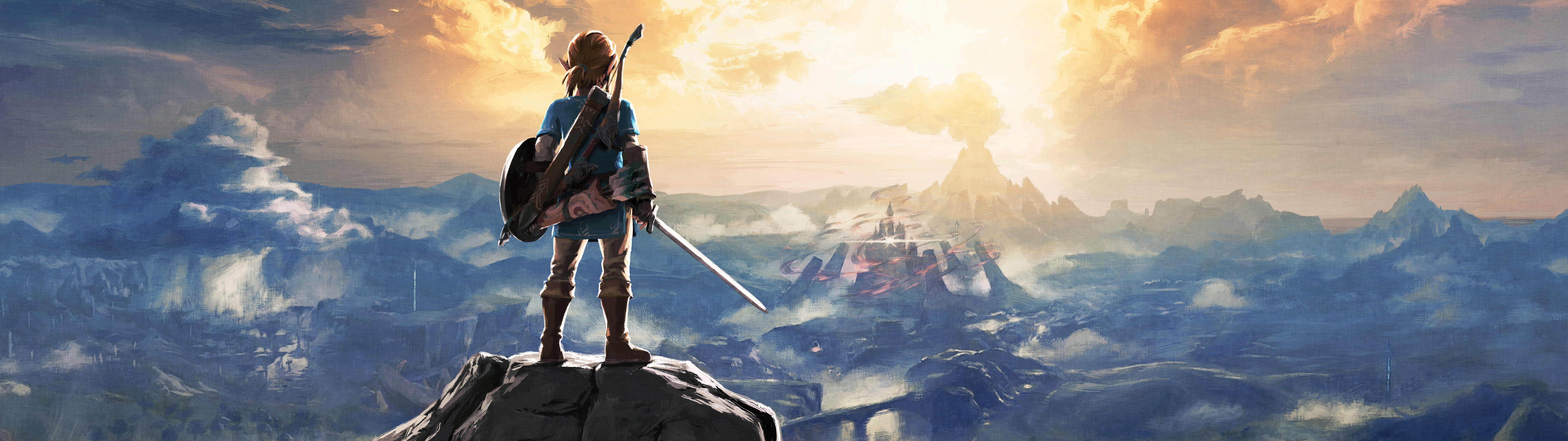 Link, de «The Legend of Zelda: Breath of the Wild», observa los extensos paisajes de Hyrule.