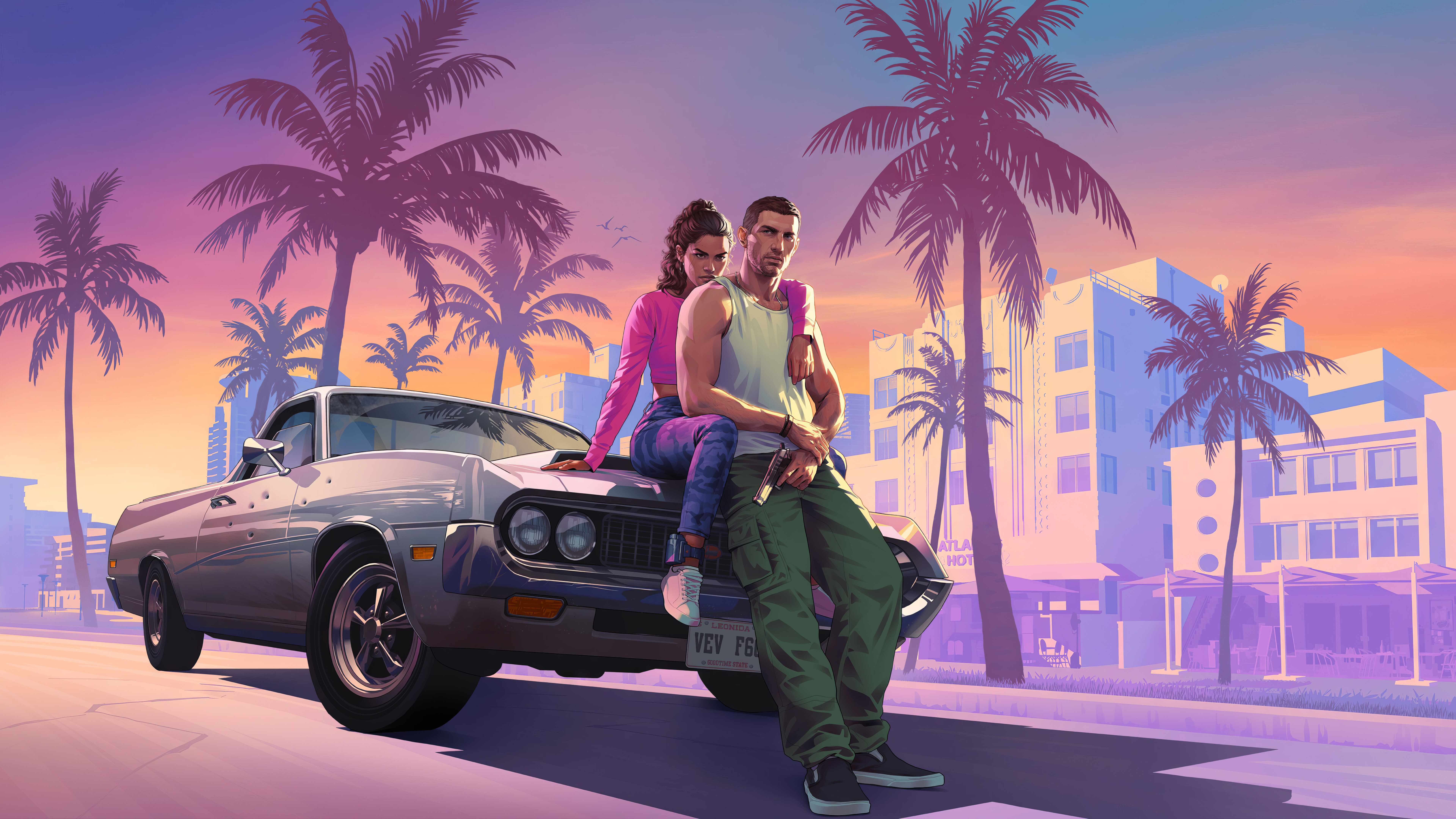 Una imagen cinematográfica de Lucía, personaje de Grand Theft Auto VI, que muestra luces urbanas de neón y un entorno de ciudad tropical.