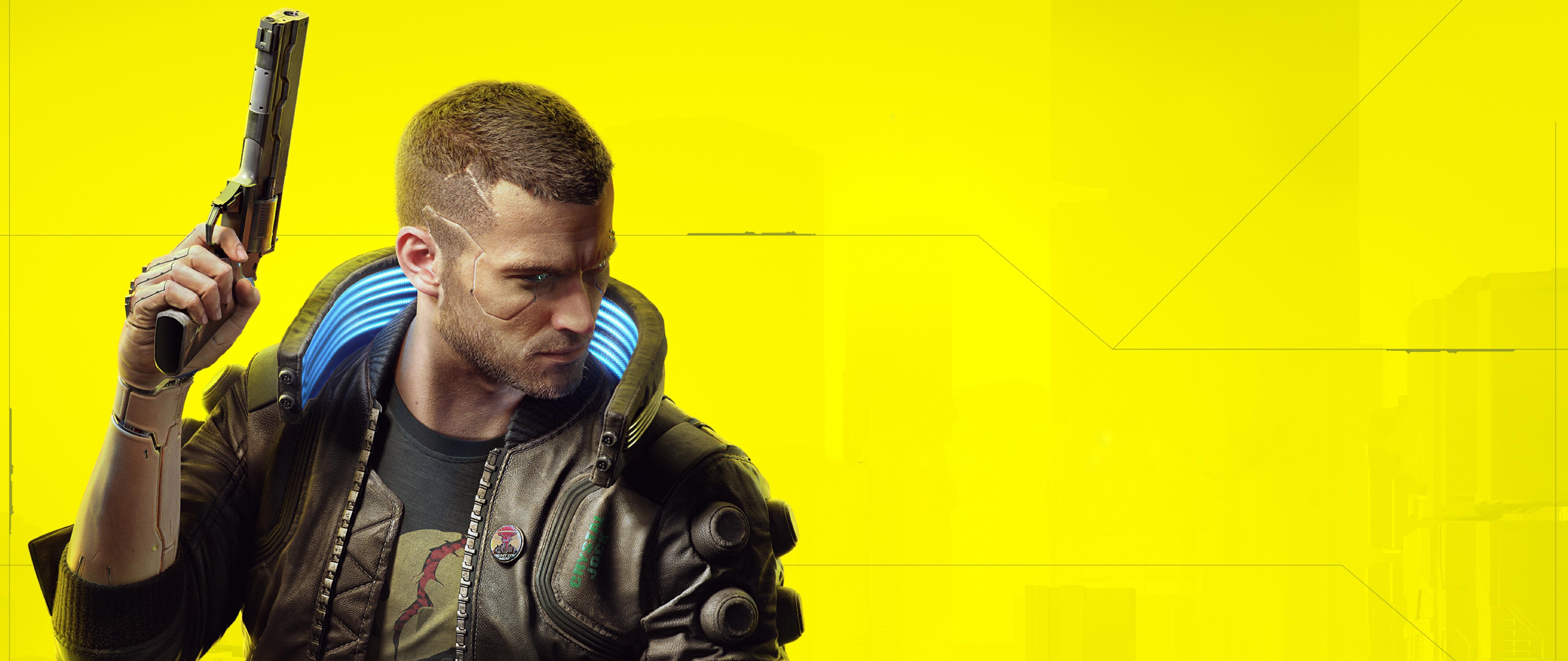 Un personaje futurista con implantes cibernéticos azules y brillantes, de pie en un entorno urbano de estilo ciberpunk, oscuro y empapado por la lluvia.