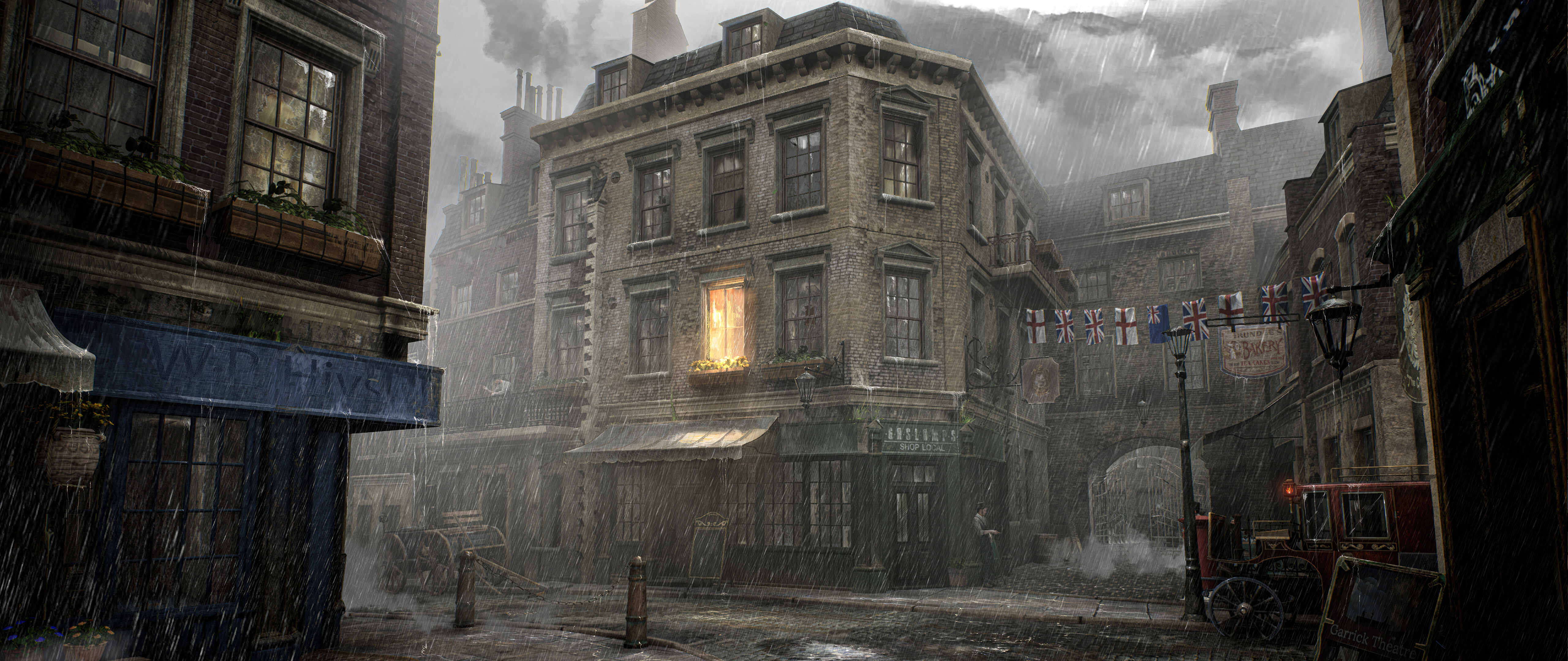 Una calle oscura y lluviosa de Londres, con un edificio de estilo victoriano, inspirada en el videojuego Sherlock Holmes: The Awakened.
