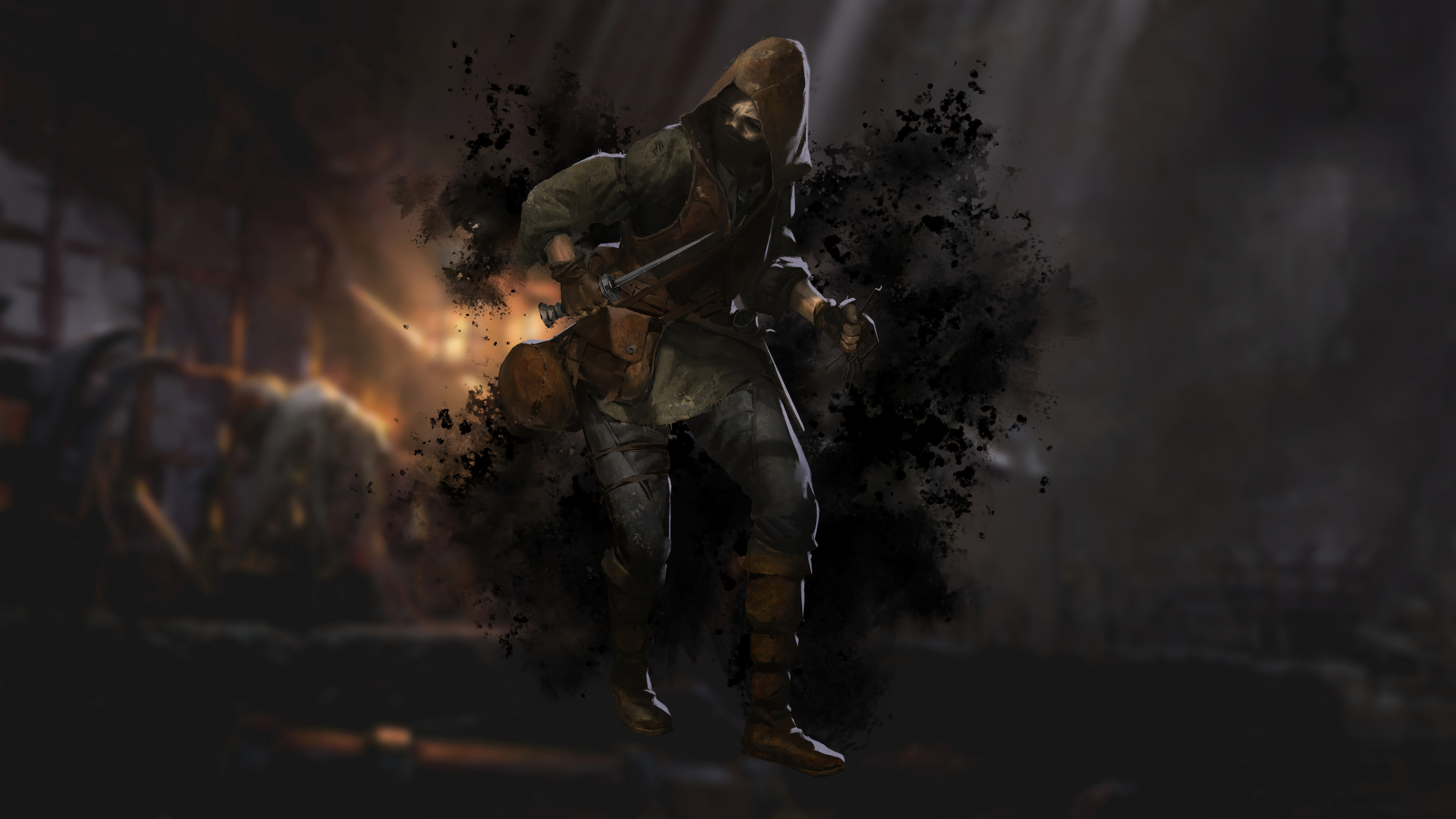 Un guerrero medieval, fuertemente blindado, explora una oscura mazmorra de piedra iluminada por antorchas, inspirado en el juego Dark and Darker.