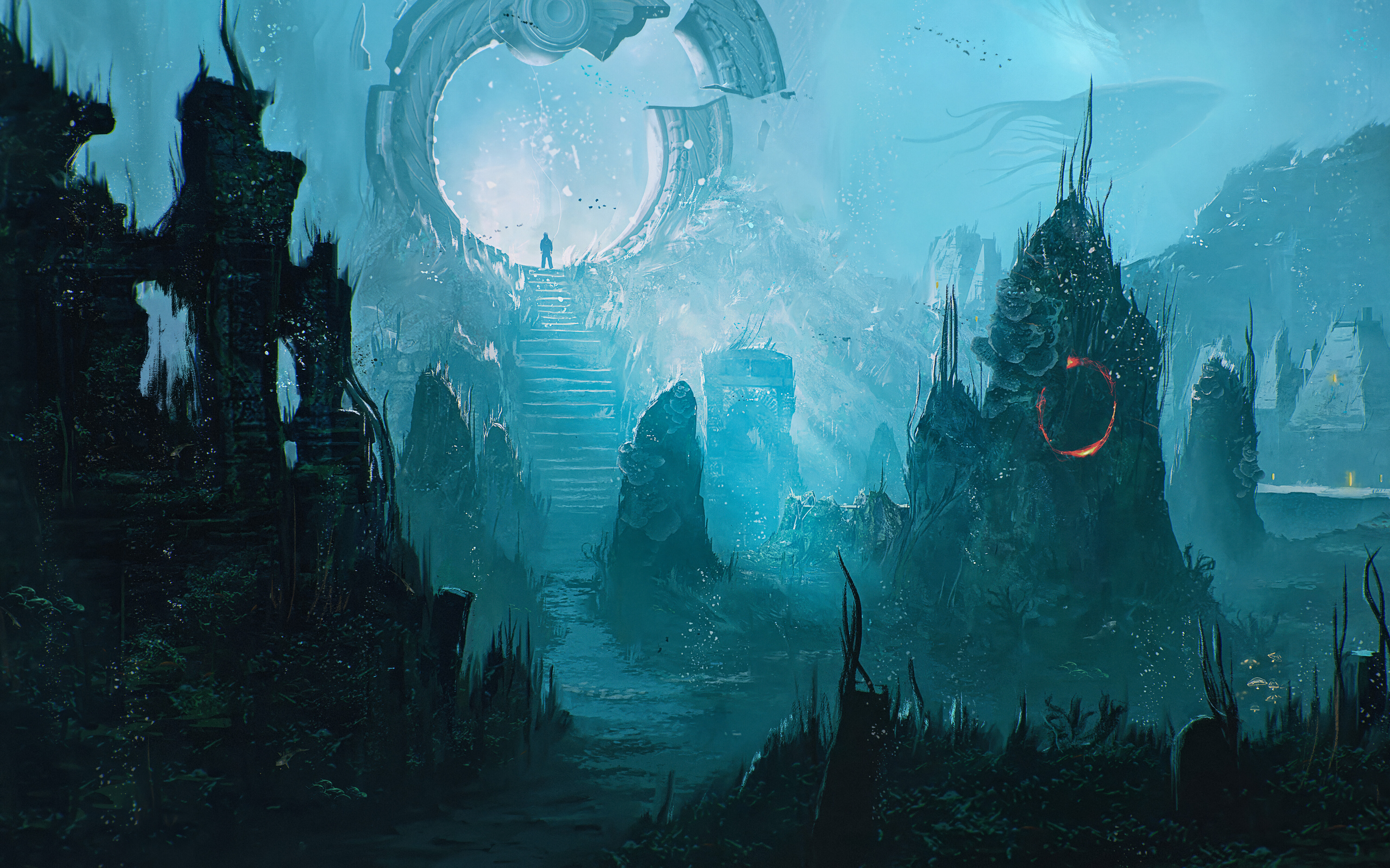 Vista submarina de las profundidades marinas de unas antiguas ruinas de piedra, deterioradas por el tiempo, en aguas de un intenso color azul, inspirada en el juego Sherlock Holmes: The Awakened.