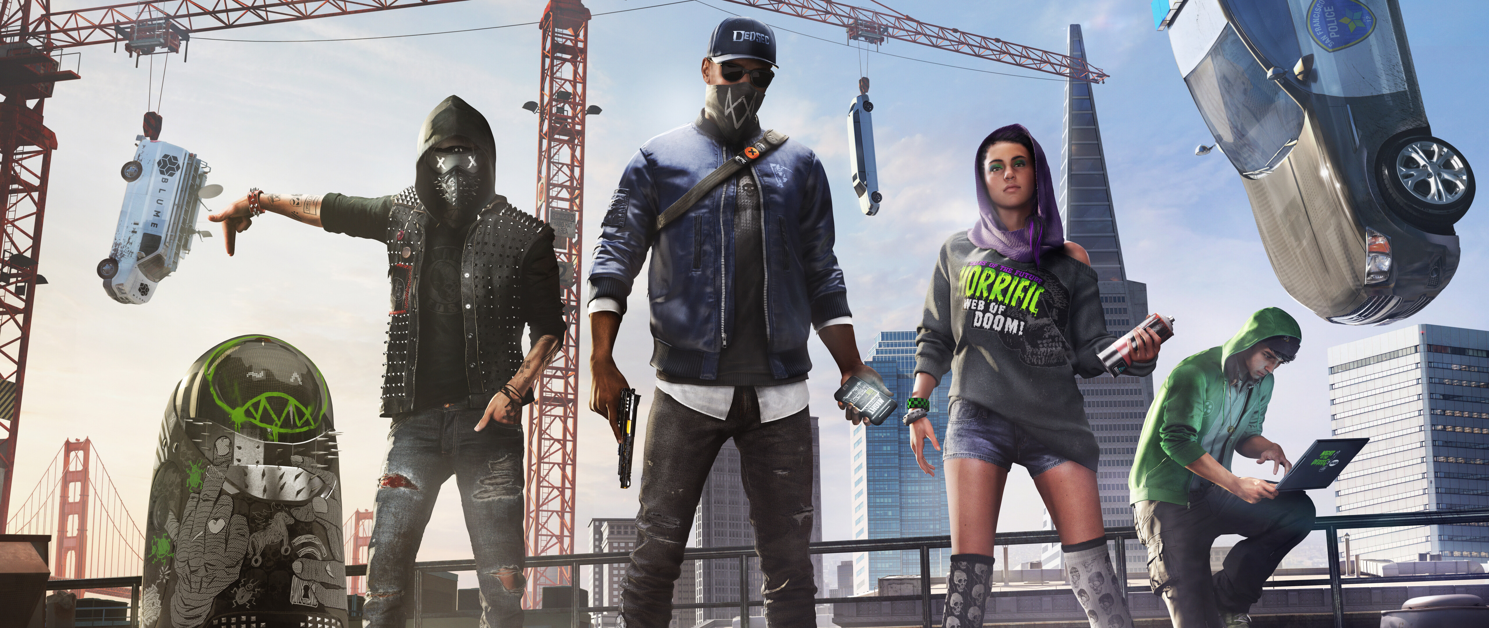 Un retrato grupal que muestra a Marcus Holloway, Sitara Dhawan y Wrench, personajes del videojuego Watch Dogs 2.