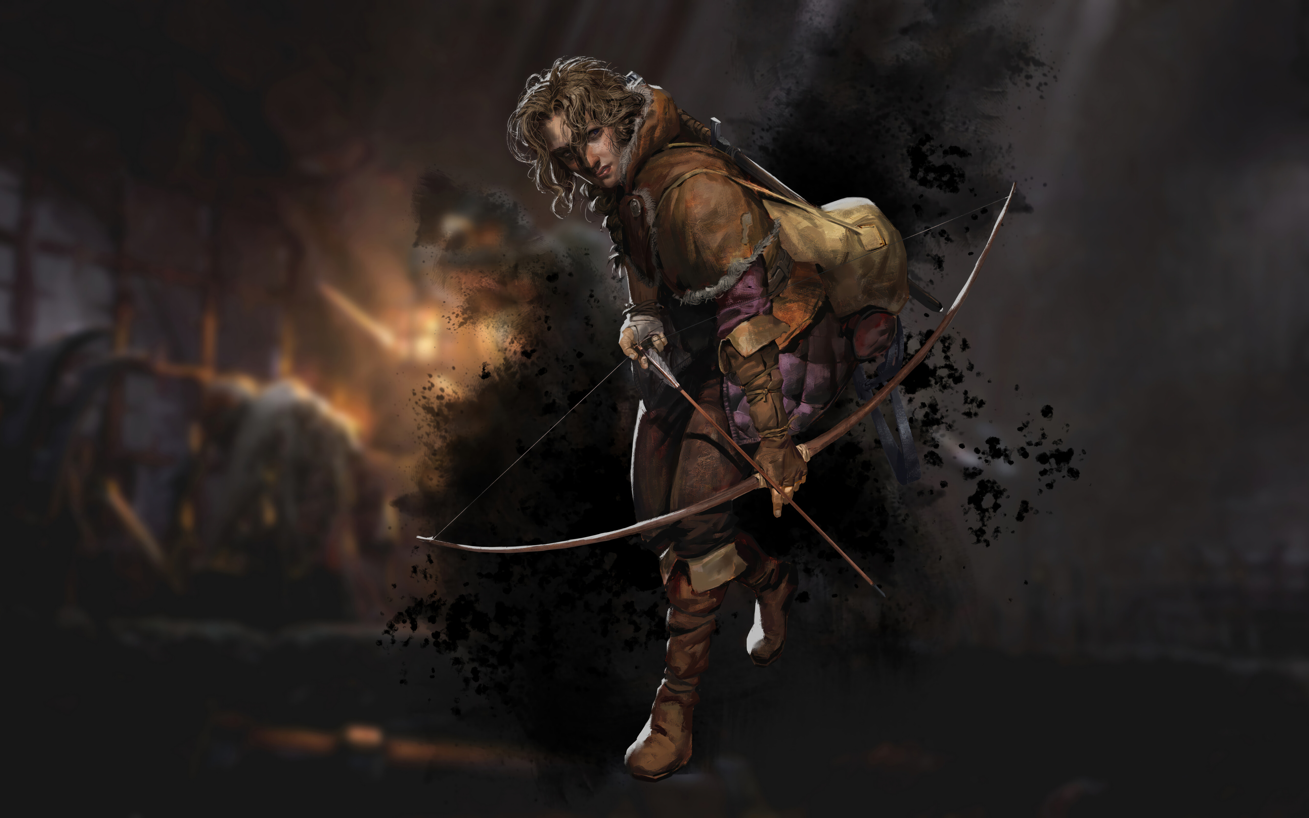 Un ladrón encapuchado, con un arma en la mano, se encuentra en una oscura y fría mazmorra medieval de piedra.