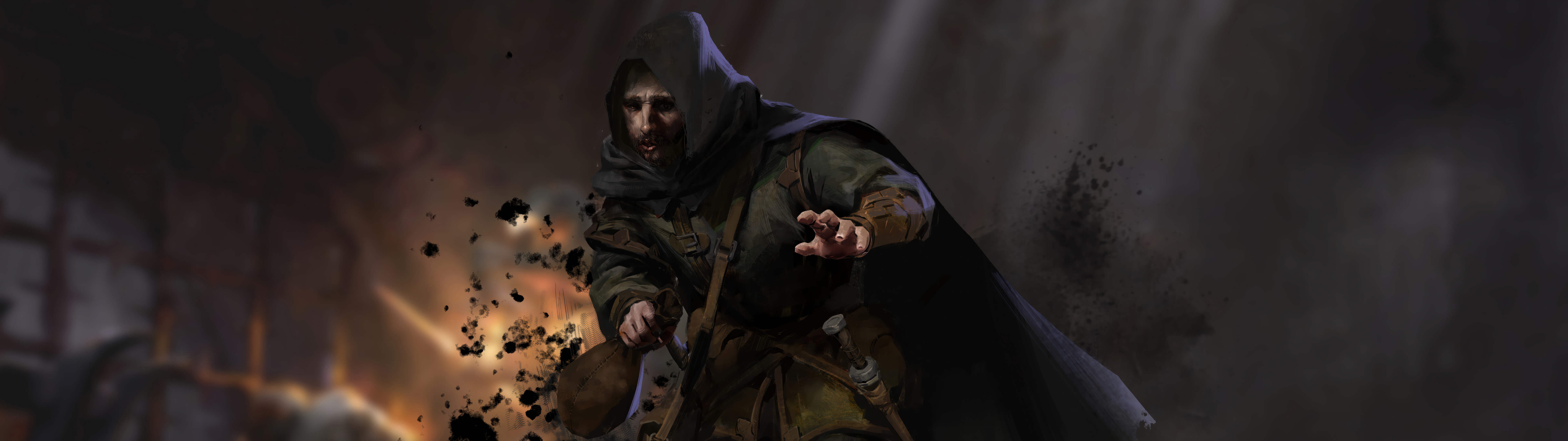 Un guerrero sombrío, ataviado con una pesada armadura, se encuentra de pie en un oscuro corredor de mazmorra, iluminado por antorchas, perteneciente al juego Dark and Darker.