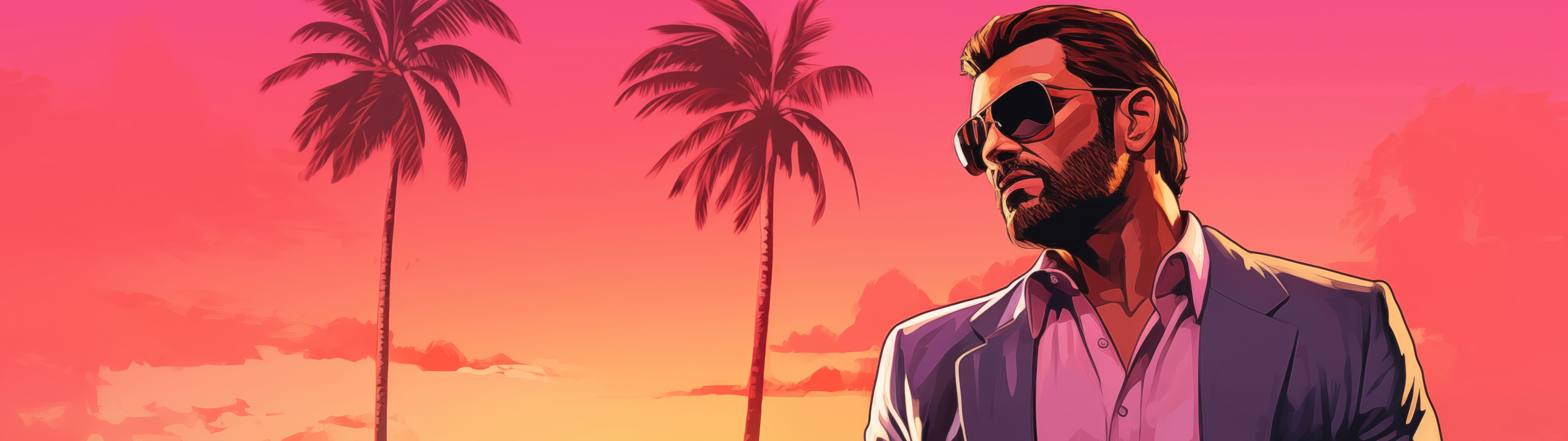 Un personaje situado en un entorno urbano tropical, bañado por la luz del sol, con palmeras y colores vibrantes, inspirado en la estética de Grand Theft Auto VI.
