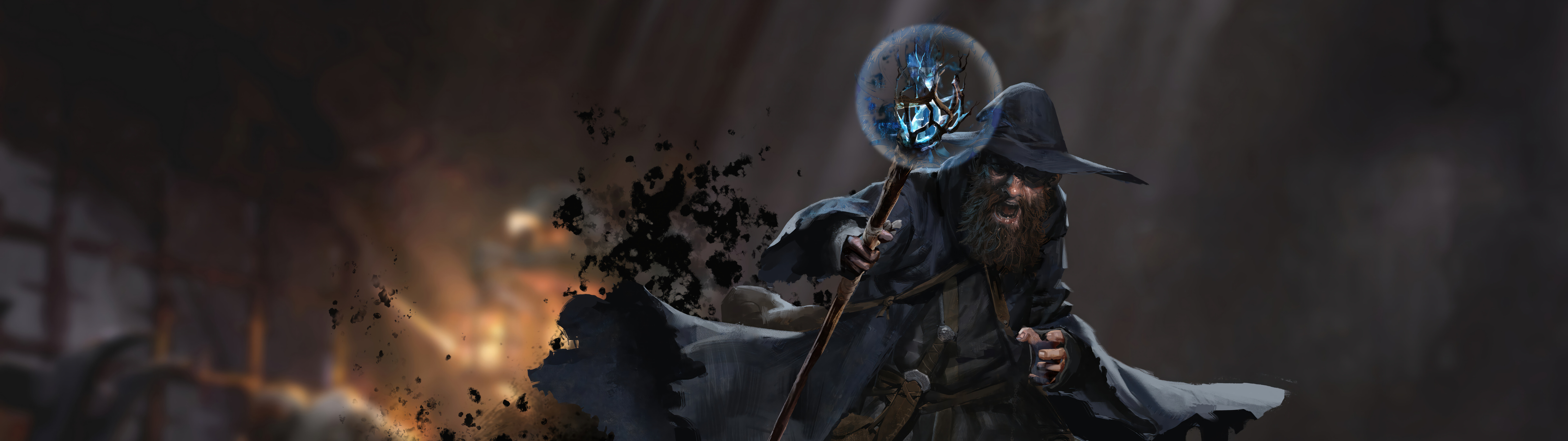 Un mago de fantasía oscura, proveniente del juego Dark and Darker, sosteniendo un bastón mágico resplandeciente en un entorno de mazmorra sombrío y con una atmósfera inquietante.