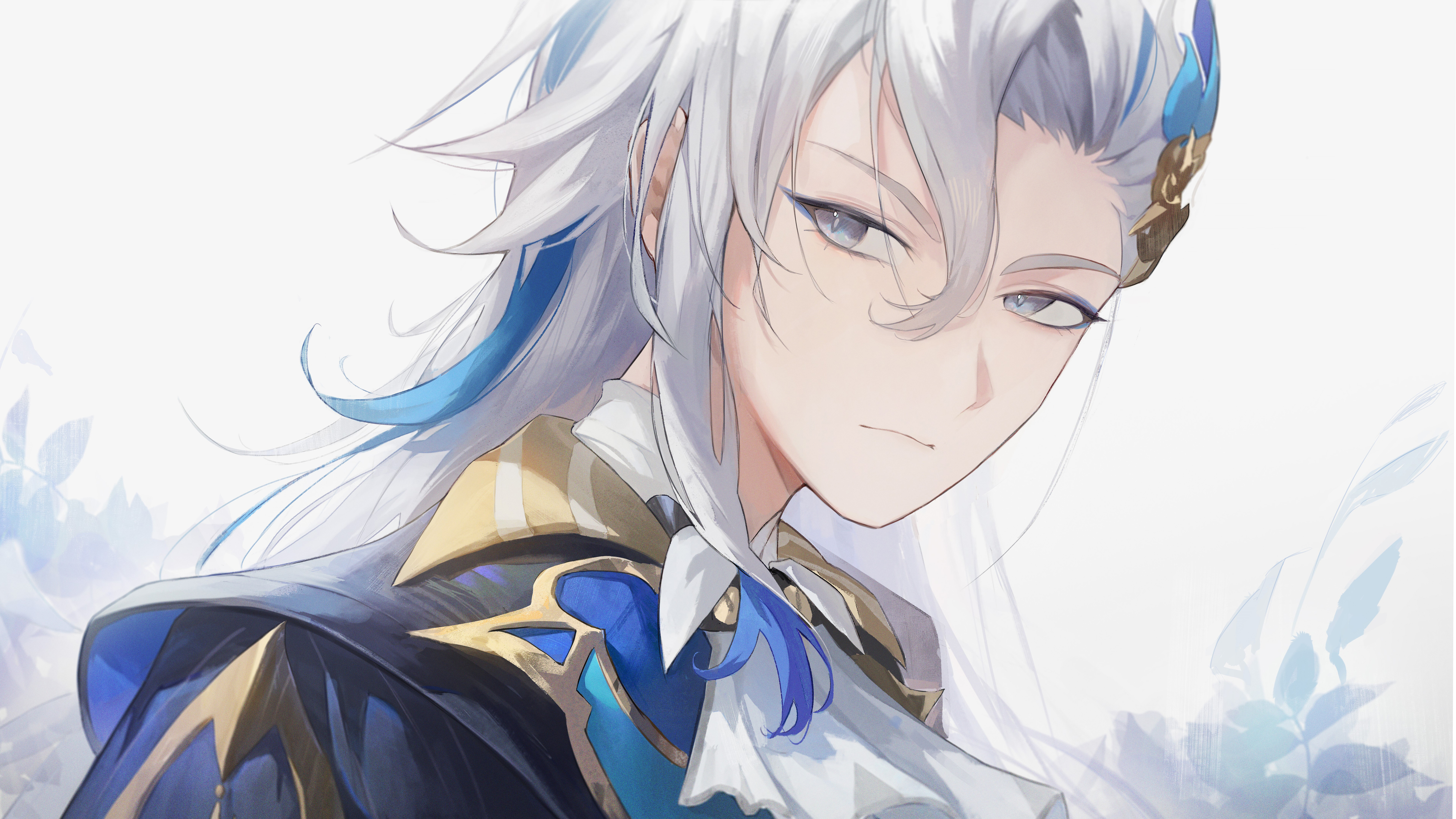 Una representación de alta calidad de Neuvillette, de Genshin Impact, que destaca su elegante vestimenta y su mirada imponente.