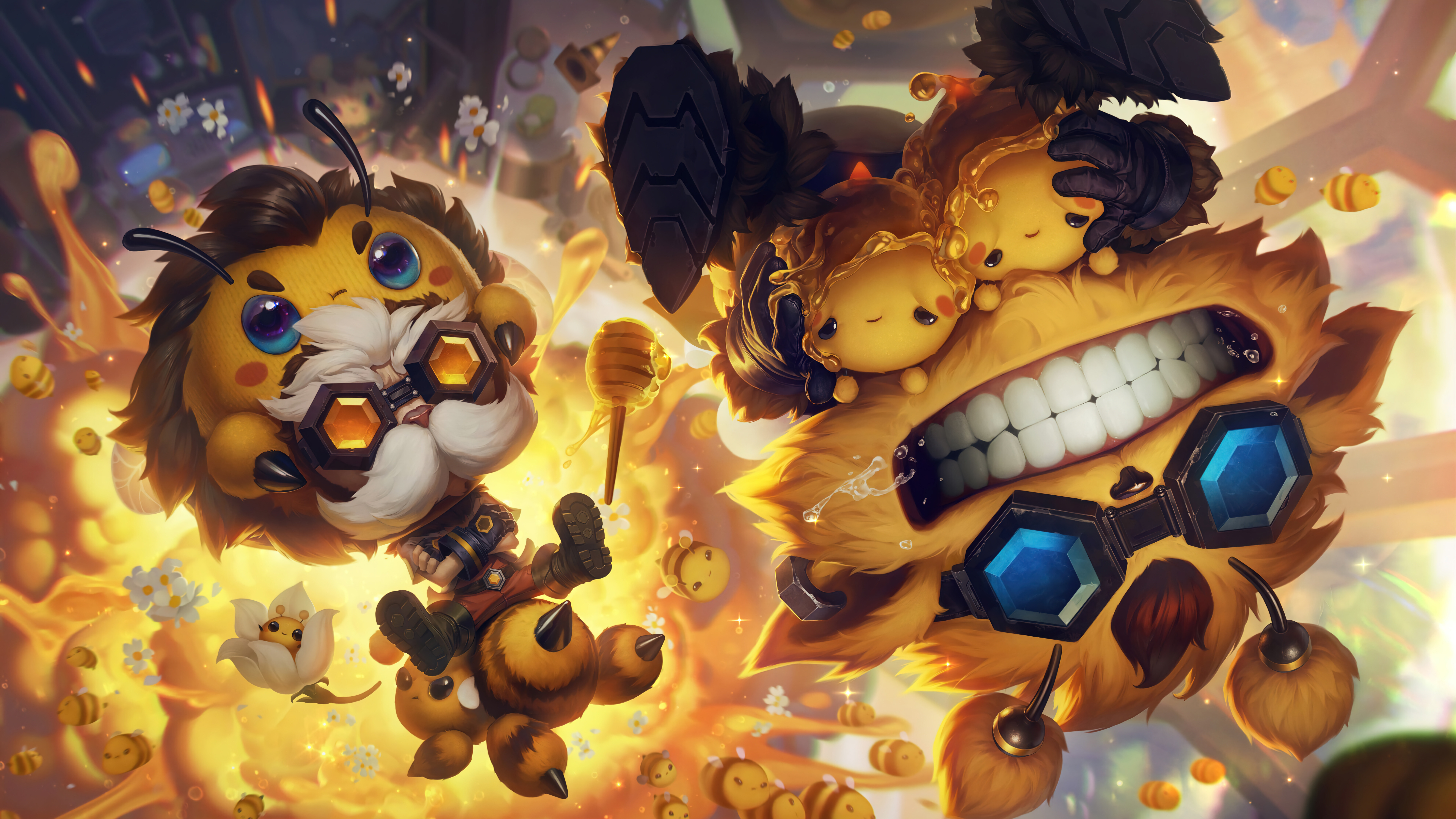 Heimerdinger y Ziggs, personajes de League of Legends, representados con un estilo artístico vibrante propio de los videojuegos.