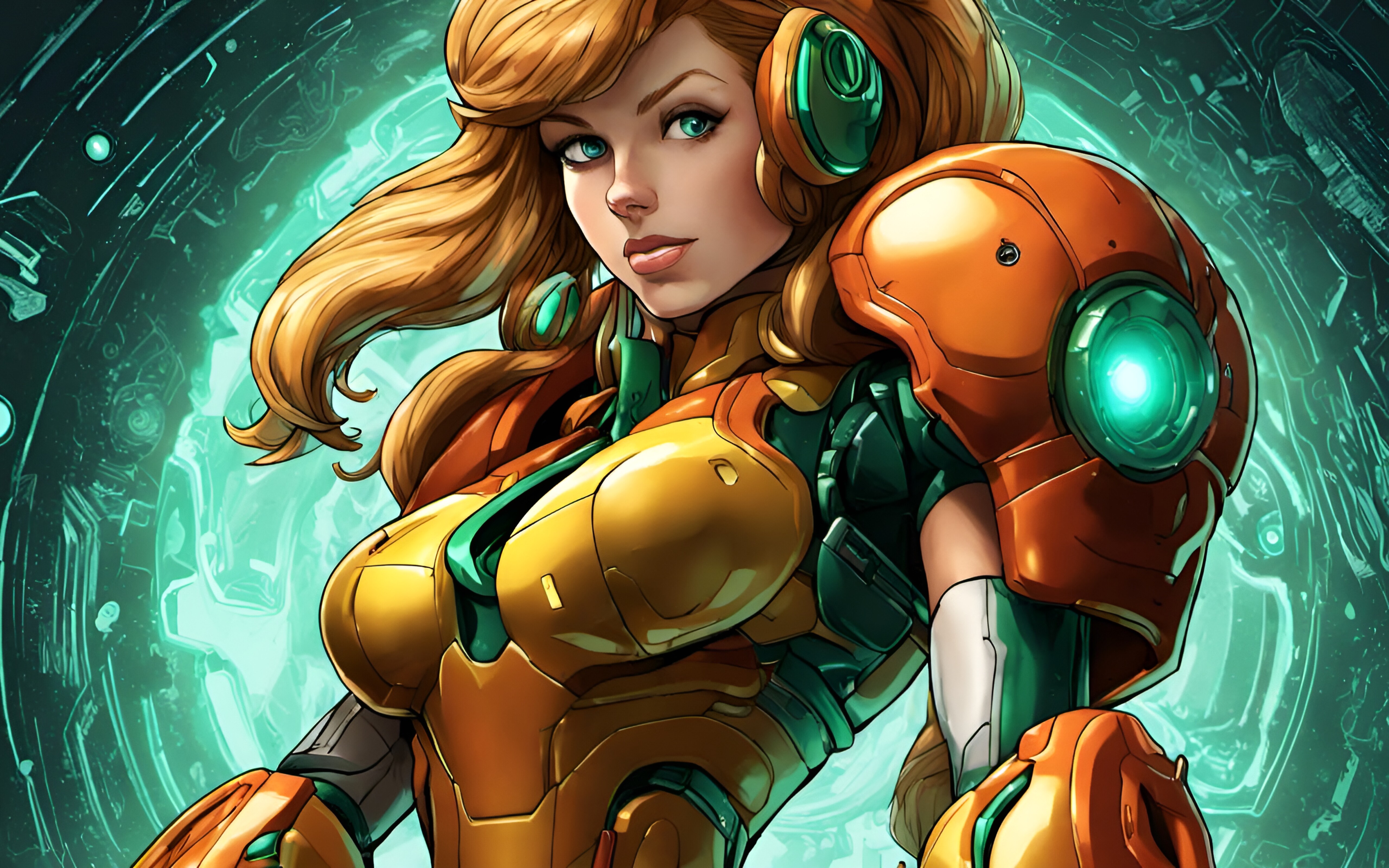 Samus Aran, con su característico traje de combate naranja y rojo, de la serie de videojuegos Metroid.