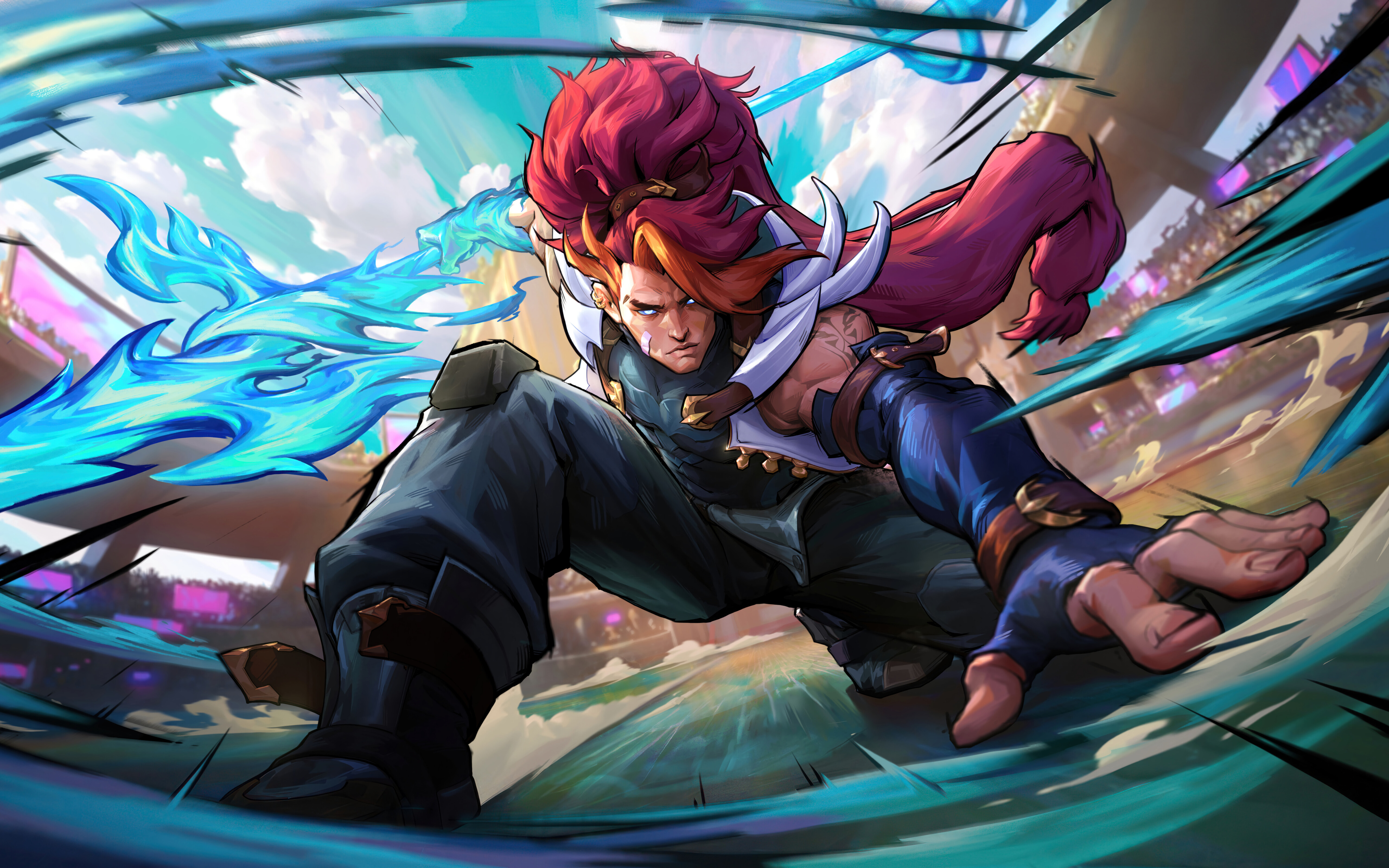 Xin Zhao, de League of Legends, blandiendo su lanza en una pose de combate imponente.