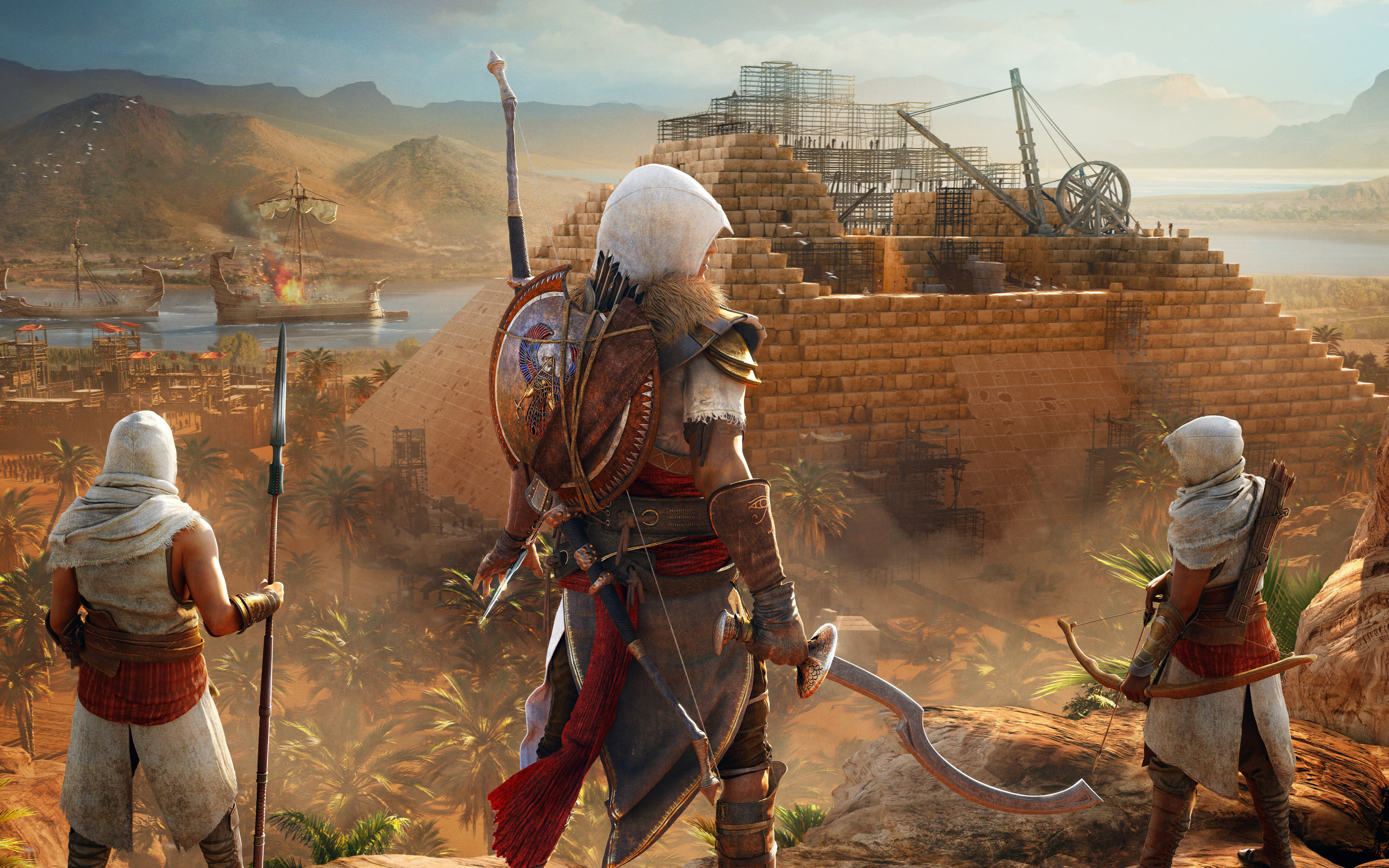 Bayek de Siwa, personaje del videojuego Assassin’s Creed Origins, posa en un paisaje del antiguo Egipto.