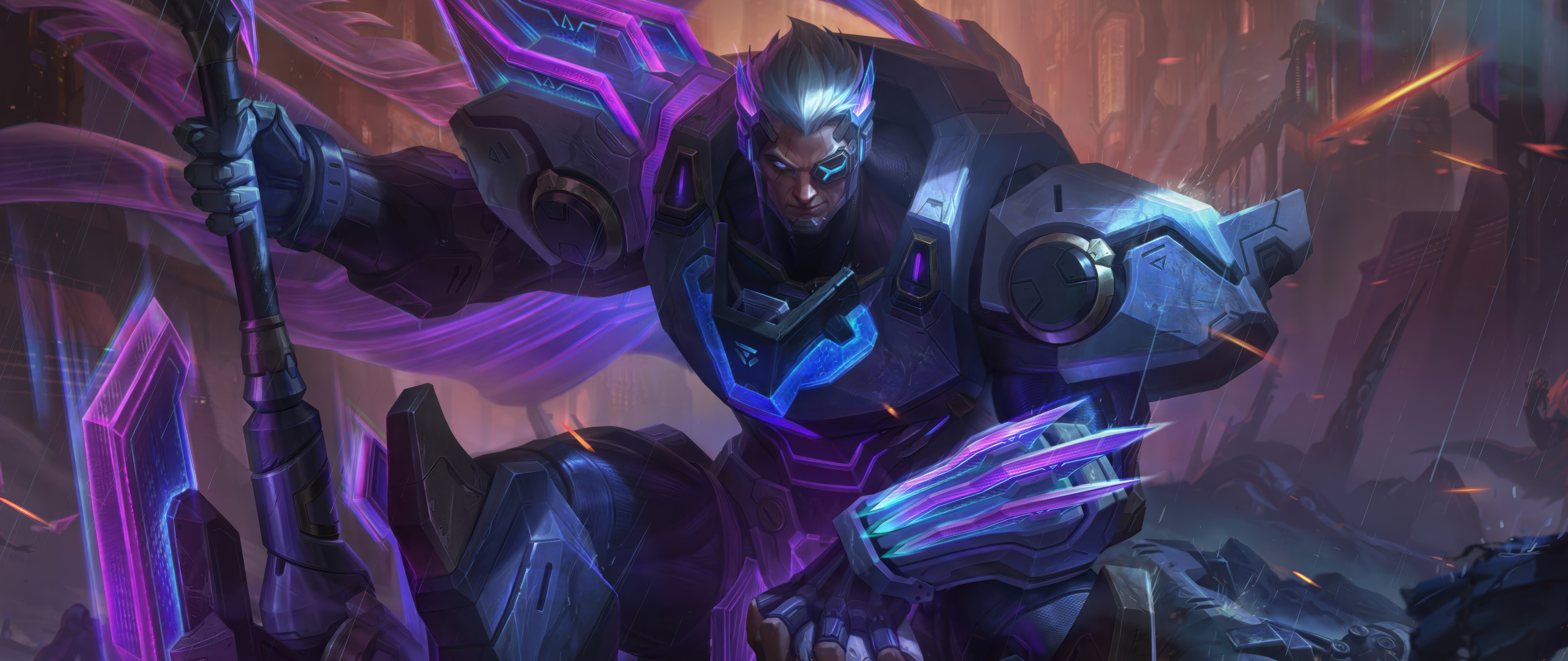 Una representación detallada de Darius, de League of Legends, que lo muestra con una pesada armadura noxiana y en un ambiente amenazante.