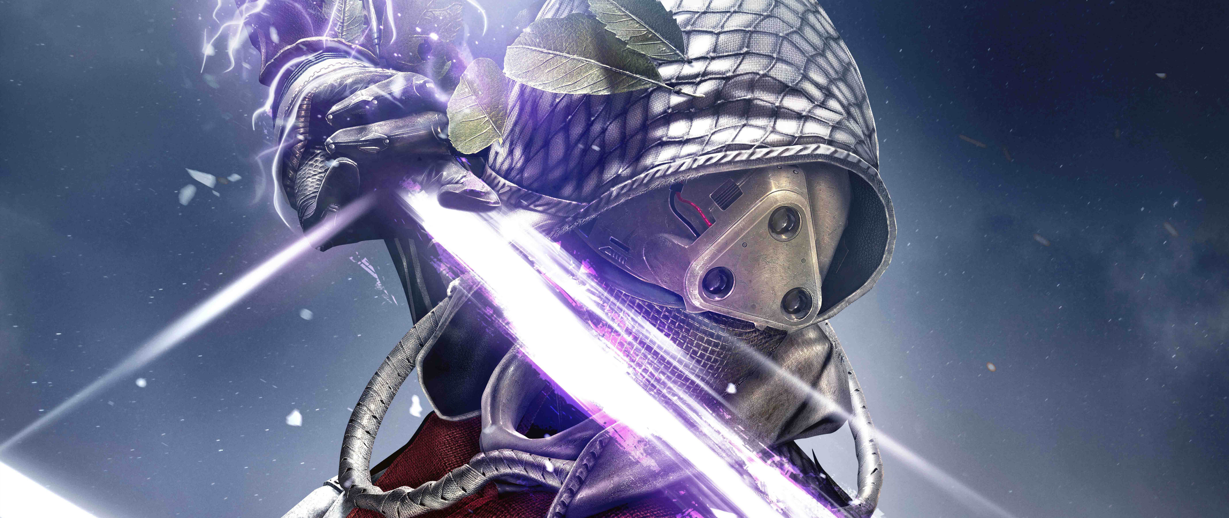 Un detallado Guardián de ciencia ficción del juego Destiny, con placas de armadura brillantes y un casco, sobre un fondo de estrellas y nebulosas.