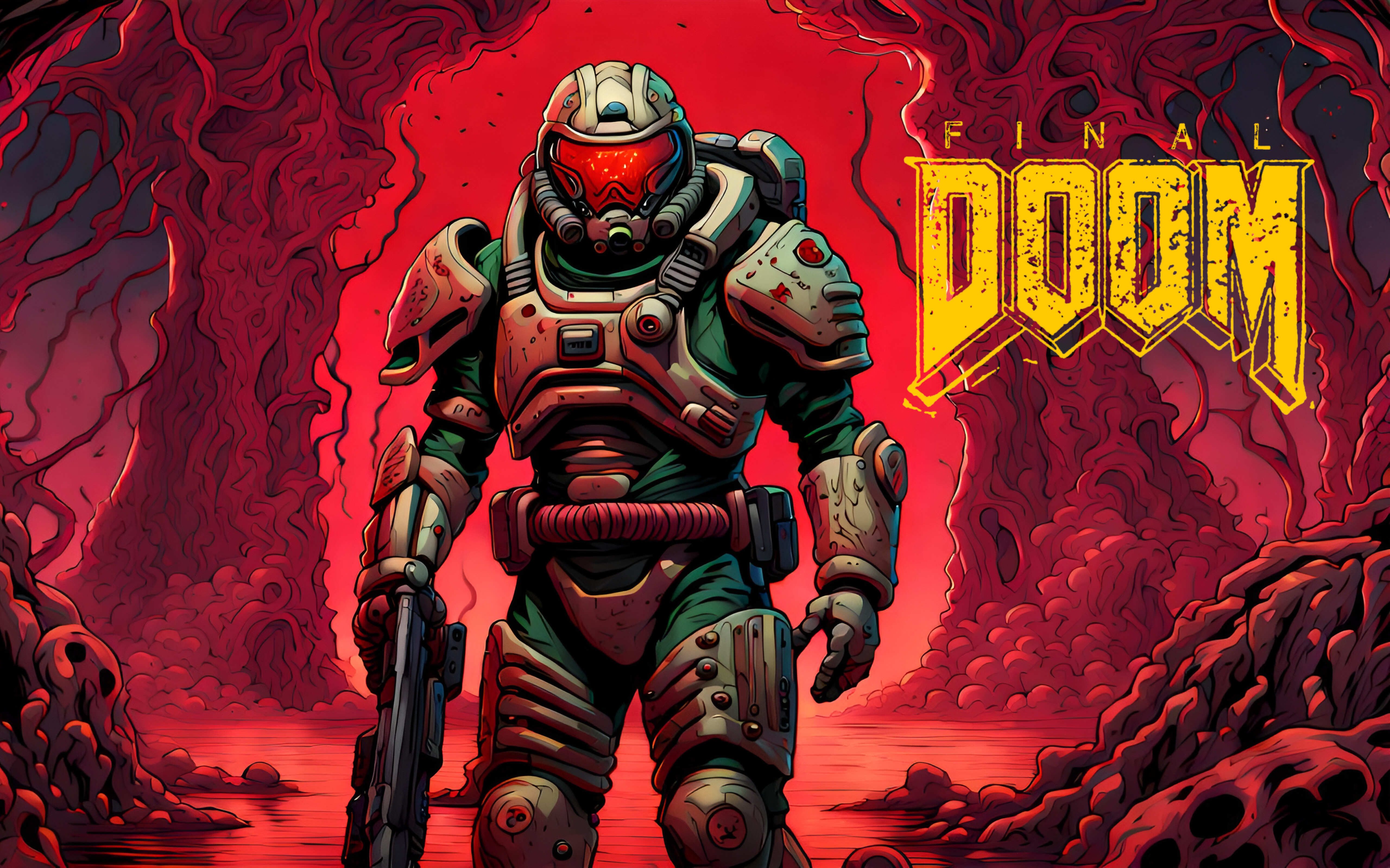 Doomguy, el protagonista de la serie de videojuegos Doom, se encuentra en medio de un paisaje oscuro y infernal.