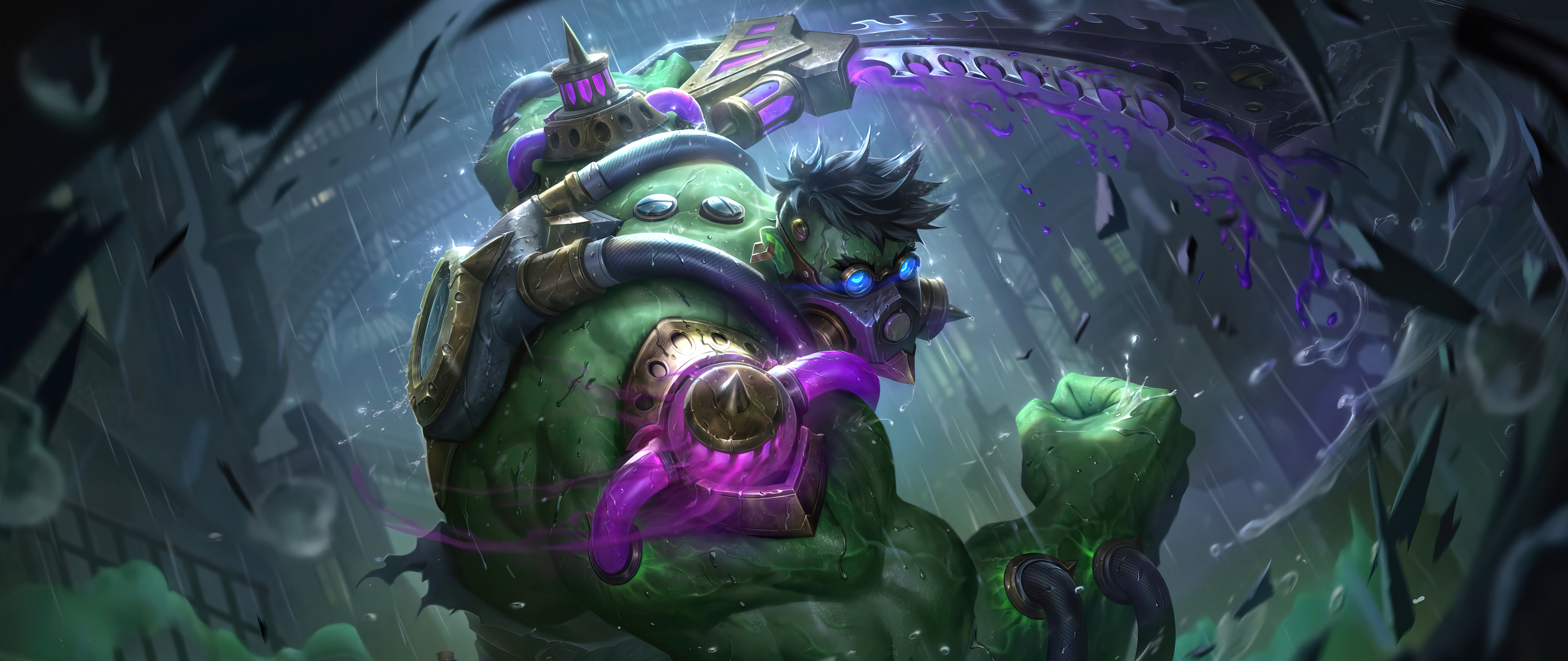 El Dr. Mundo, de League of Legends, rodeado de vapores químicos verdes y tóxicos.