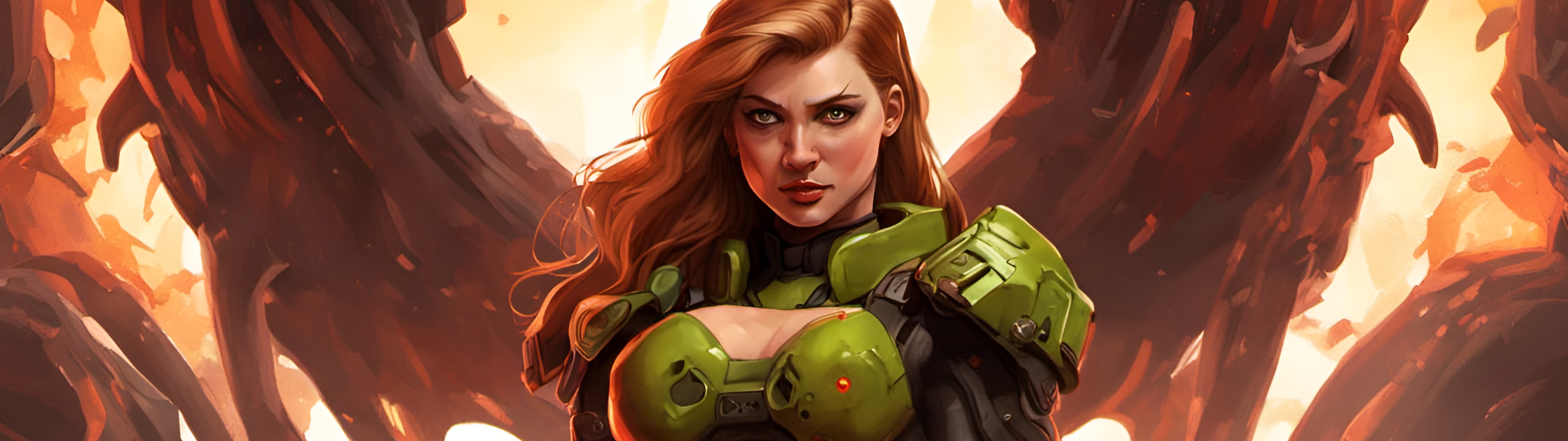 Una guerrera ataviada con una pesada armadura de combate, empuñando un arma de fuego de gran tamaño y enfrentándose a un demonio, inspirada en la saga de videojuegos DOOM.